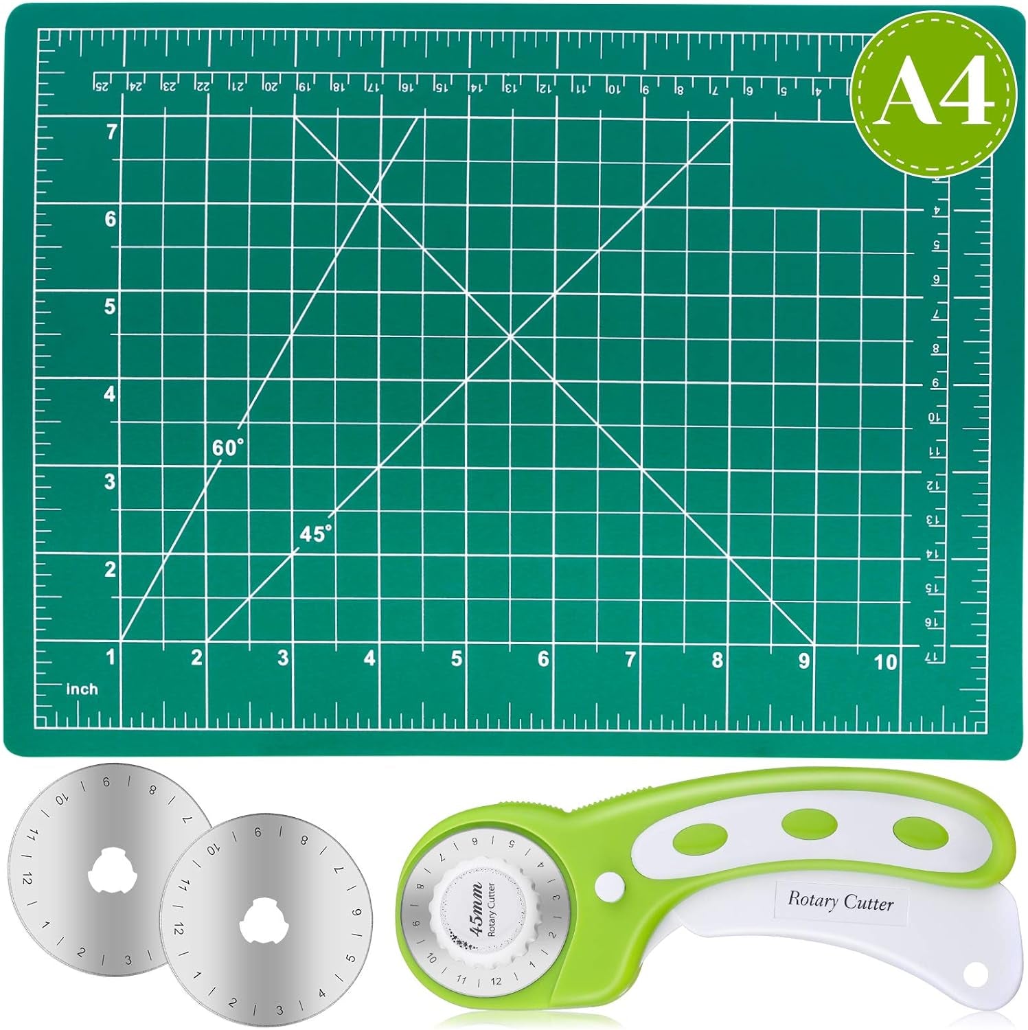 Rotary Cutter Set,  Self Healing Sewing Mats Rotary Cutter and Mat 45Mm Rotary Fabric Cutter Set with 2 Blades Rotary Cutting Mat for Crafts Fabric Quilting Hobby (9" X 12" (A4))
