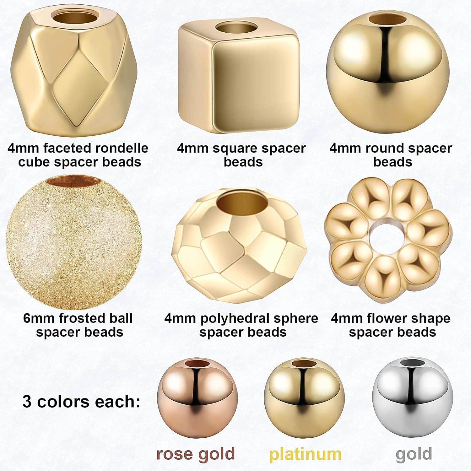 3660 Pieces Assorted Spacer Beads Faceted Rondelle Cube Beads Flower Spacer Beads Frosted Ball Loose Beads Square Spacer Beads Column Beads Jewelry Charms for Jewelry Making DIY, 3 Colors, 6 Styles