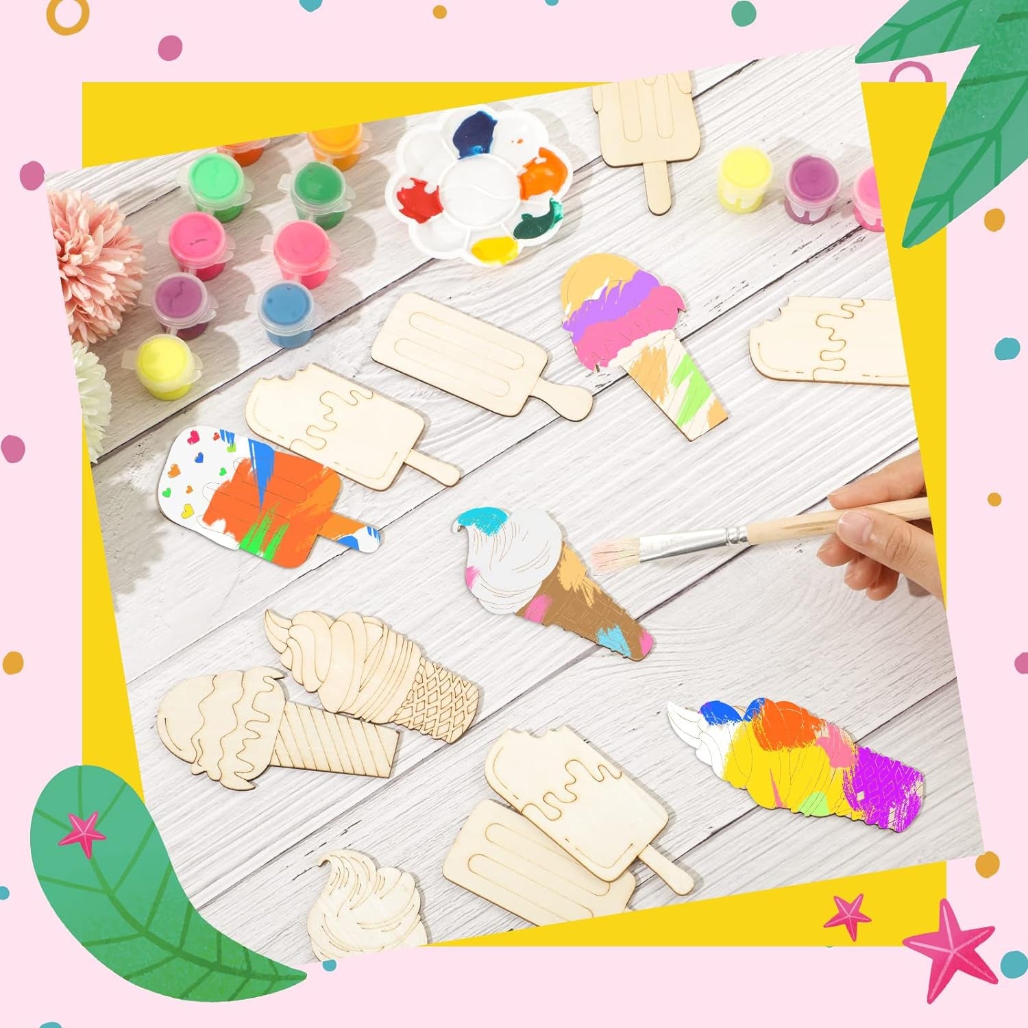 Unfinished Ice Cream Wood Cutouts Summer Crafts Bulk DIY Wood Cutouts Ice Cream Wooden Crafts Ice Cream Party Decor for Art Paint Birthday Ornaments, 6 Styles