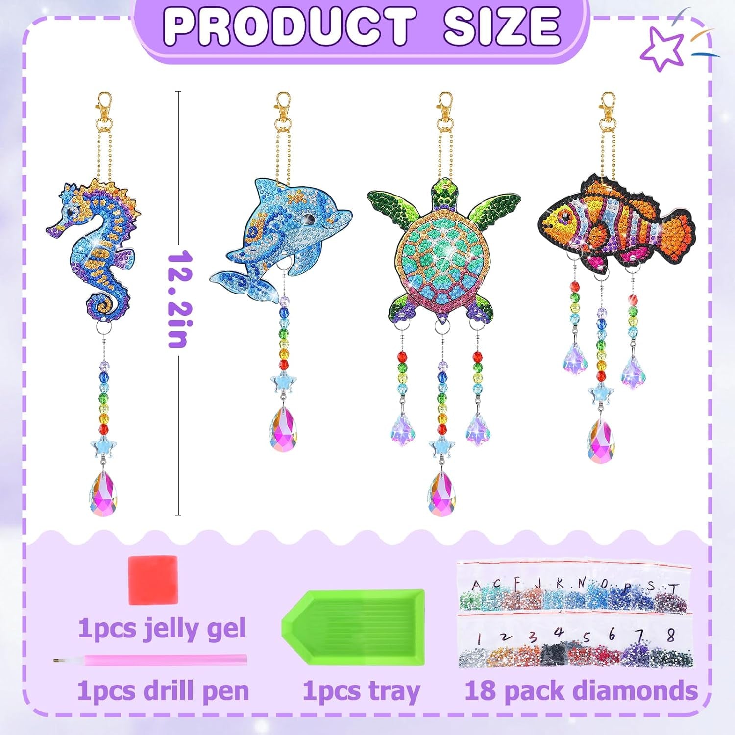 Diamond Art Suncatchers Kit for Kids Gifts - 4 Pcs Double Sided Wind Chime, Crystal Rhinestone Dotz Painting, Sea Animal Style Hanging Ornament for Home Window Beginners Craft DIY Supplies