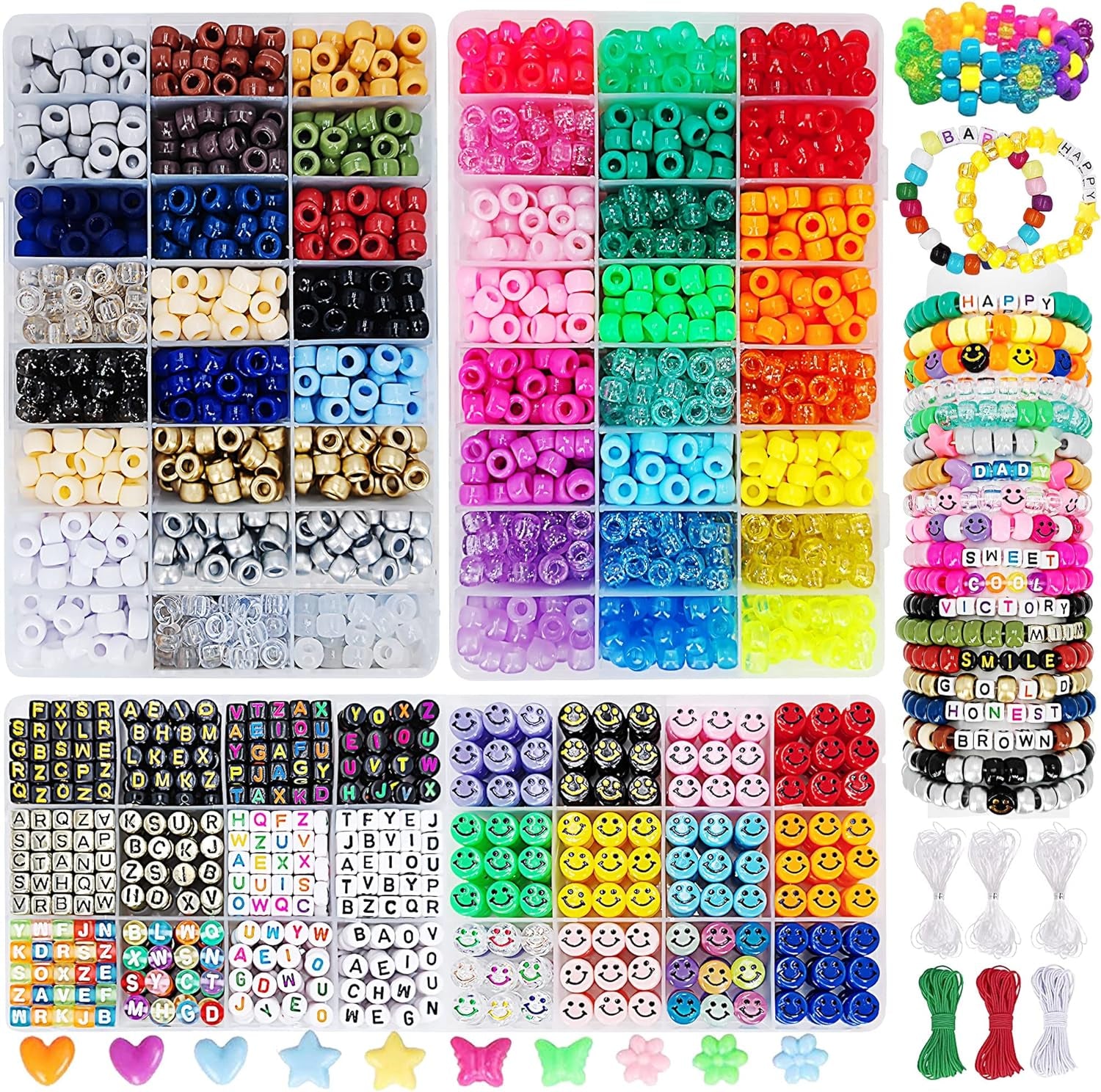 3430Pcs Pony Beads for Bracelets Making Kit, 44 Colors 2400Pcs Kandi Bracelet Kit with 720Pcs Letter Beads and 300Pcs Smiley Face Beads, Large Hole Beads for Jewelry Making, with Elastic Strings