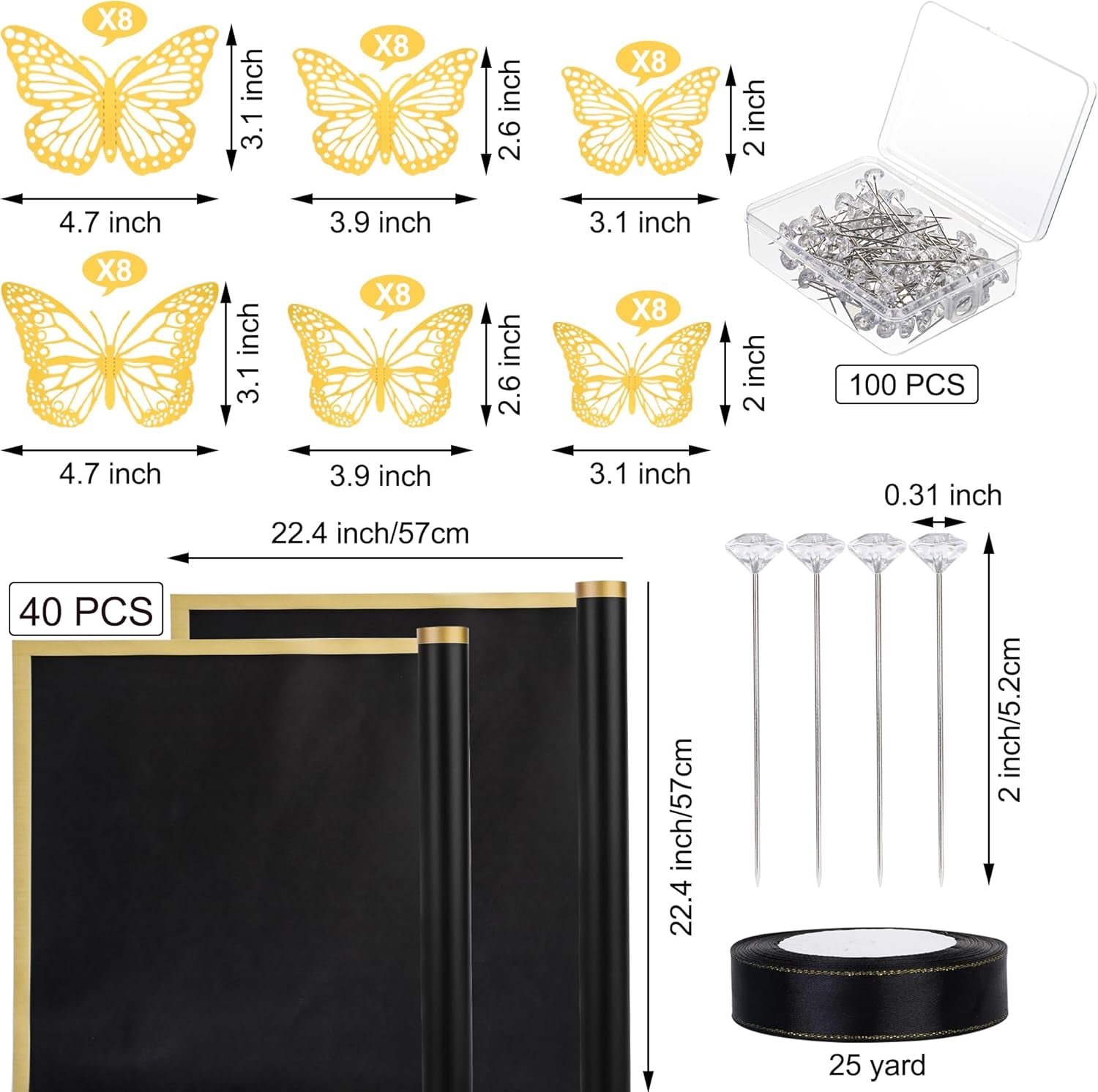 40 Sheets Flower Wrapping Paper Kit Floral Bouquet Wrap Paper with 2 Rolls Ribbons 100 Pcs Flower Pins 48 Pcs 3D Butterflies for Valentine Mother'S Day Wedding Birthday Graduation DIY Gift (Black)