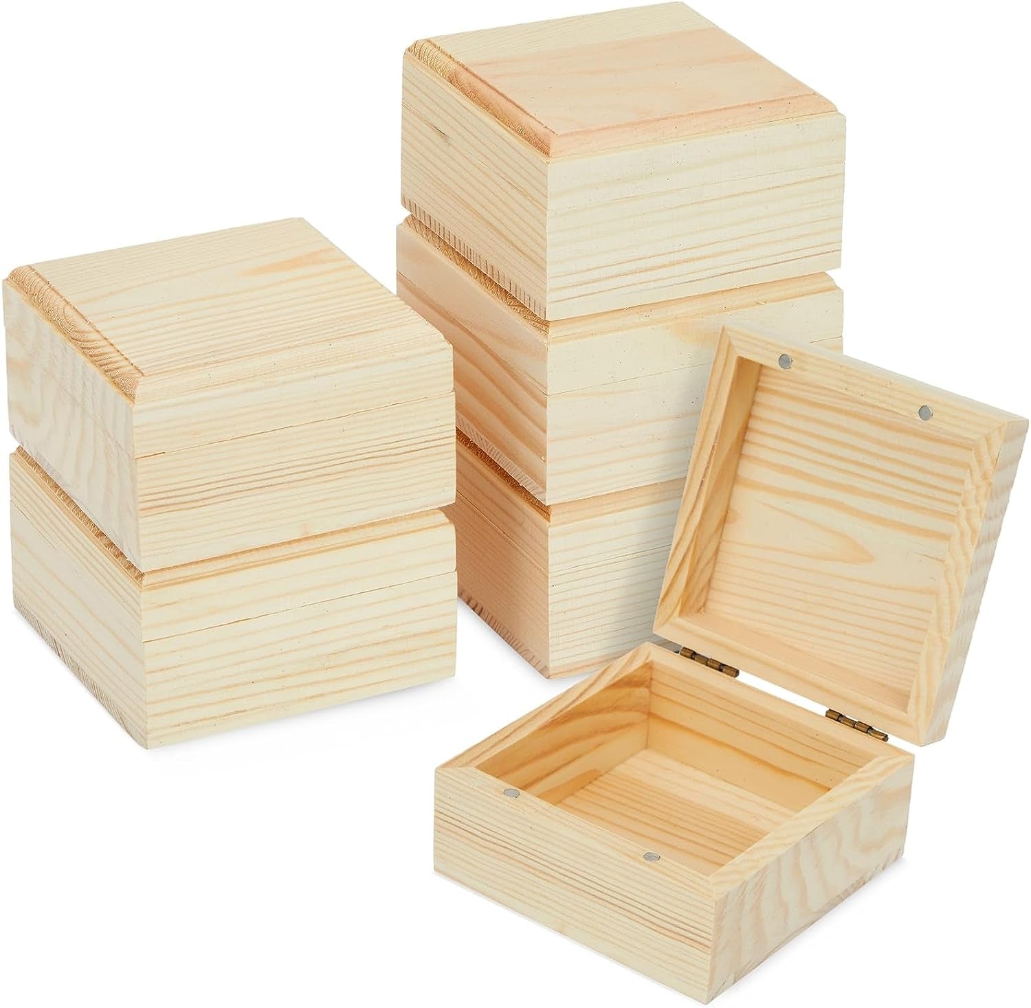 6 Pack Unfinished Wooden Boxes with Hinged Lids, Pinewood Magnetic Wood Box for Crafts, Jewelry Storage (3.5 X 3.5 X 2 In)
