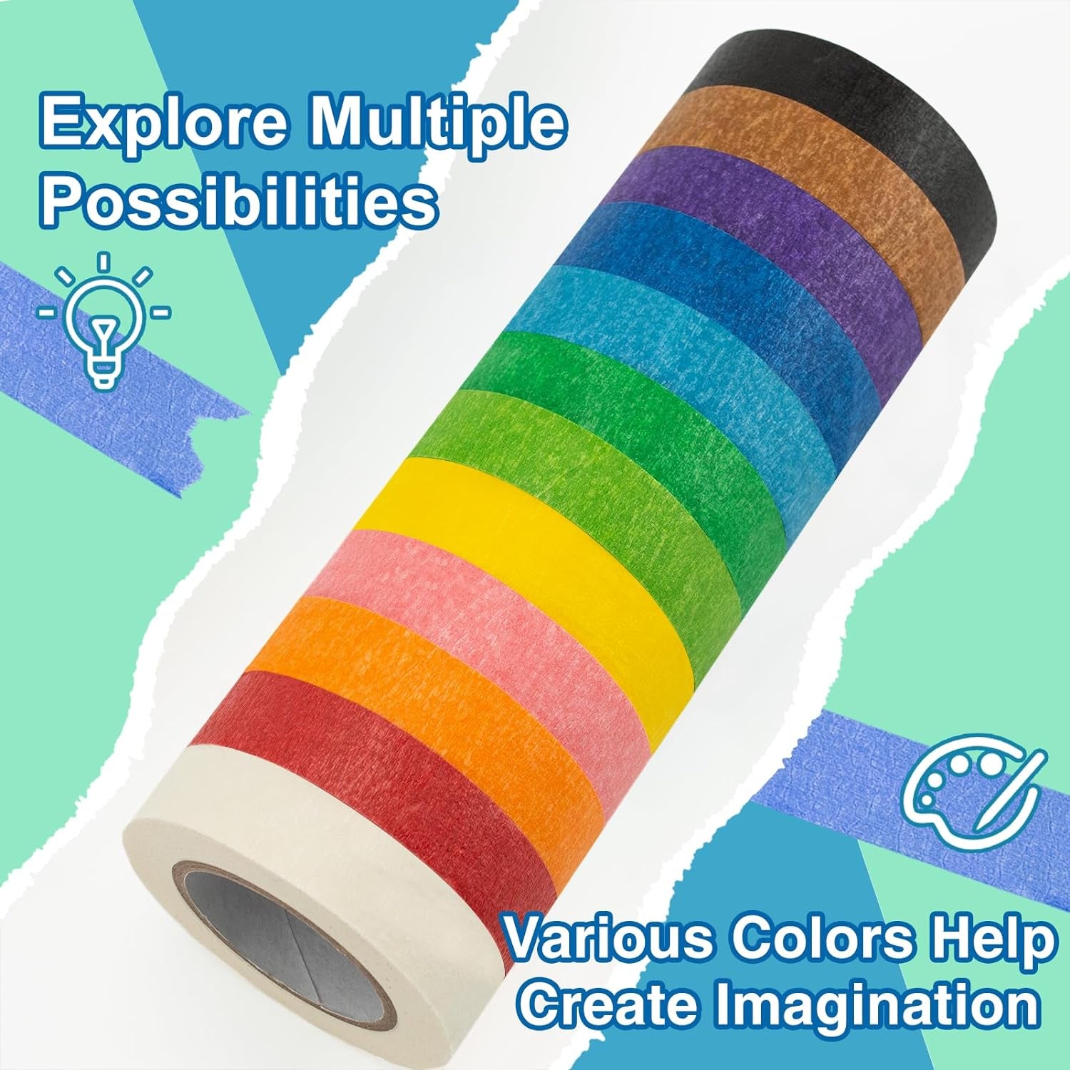 12 Rolls Colored Masking Tape 16 Yard per Roll, Rainbow Colors Painting Tape, Painters Tape, Craft Tape, Labeling Tape, Paper Tape for Bullet Journals, Party Decorations, DIY Craft
