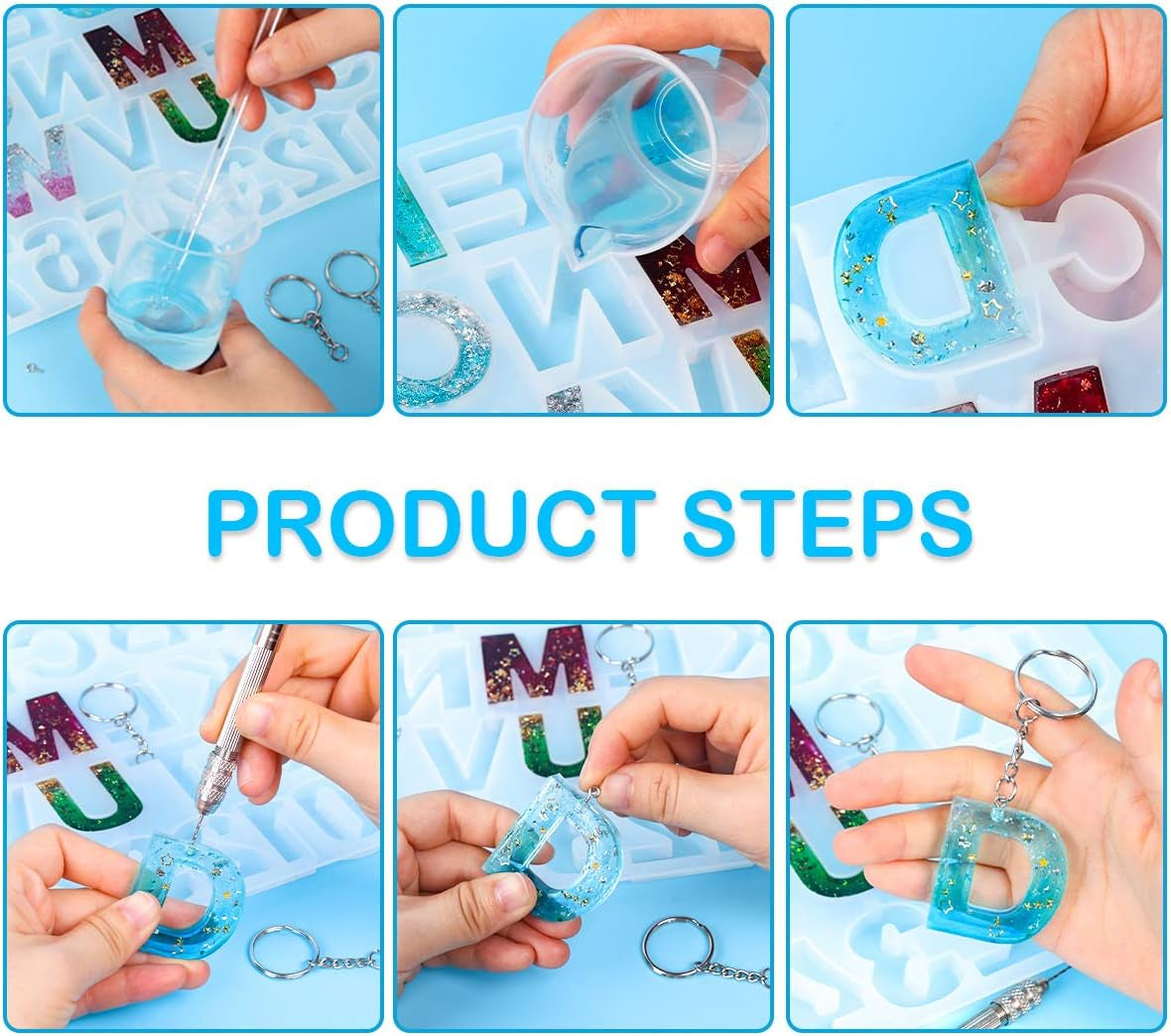 134Pcs Alphabet Keychain Resin Molds Kit, Reversed Letter Number Silicone Mold Epoxy Resin Casting Molds Key Chain Making Set with 1 Hand Drill 2 Drill Bits 30 Key Rings 100 Screw Pin