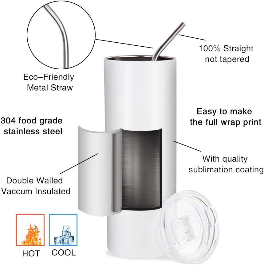 Skinny 20 OZ Straight Stainless Steel White Tumbler with Metal Straw for Heat Press Machine Printing 4 Pack