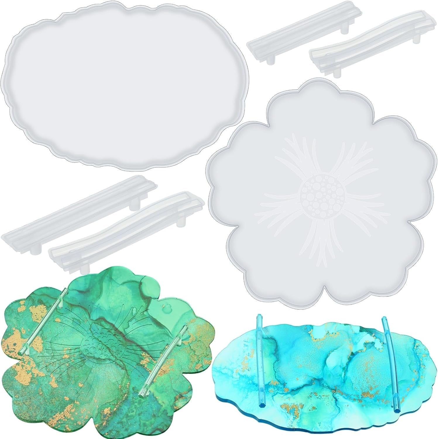 2 Pcs Large Silicone Resin Tray Molds with 4 Pcs Handles Serving Tray Molds Resin Mold for Making Jewelry Plates Tea Coasters Art Craft Casting Supplies