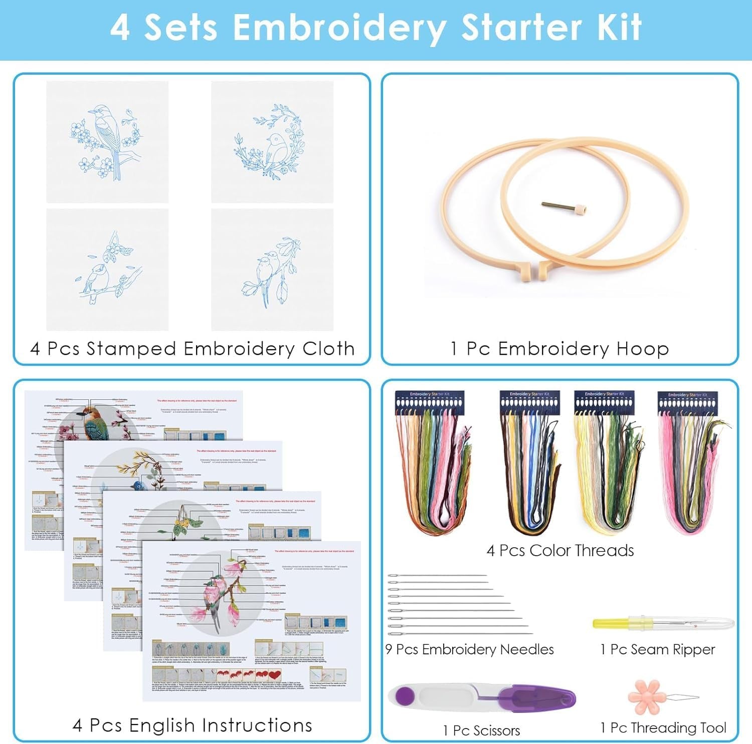 4 Sets Embroidery Kit for Beginners, Art Craft Handy Sewing Set Hummingbird and Flower Cross Stitch Starter Kits, DIY Embroidery Kits with Patterns and Instructions Hoops Needles Threads