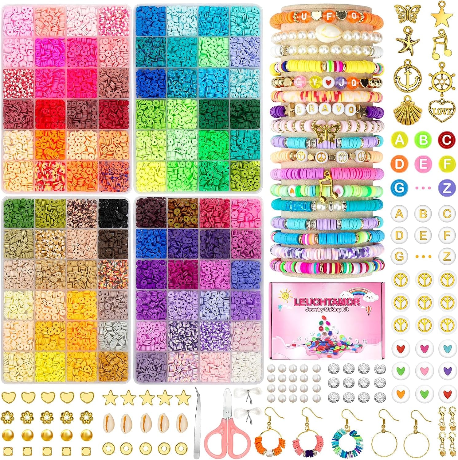 15000Pcs Clay Beads Bracelet Making Kit, 96 Colors Polymer Heishi Beads with Charms Pendant Charms Elastic Strings,Diy Arts Friendship Crafts Gifts for Girls