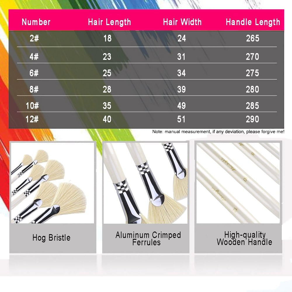 Fan Brush Set - Hog Bristle Natural Hair - Artist Soft Anti-Shedding Paint Brushes for Acrylic Watercolor Oil Painting, Long Wood Handle with Case, Set of 6