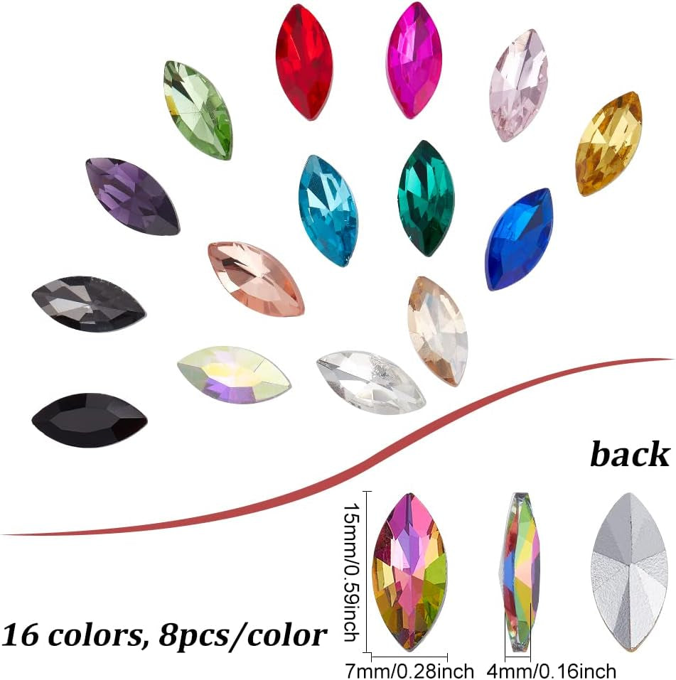 128 Pcs 16 Colors Pointback Horse Eye Shaped Gem Stones 0.6X0.3 Inch Glass Rhinestones Gems Jewels Embelishments with Silver Plated Back Crystals Rhinestones for Crafts Jewelry Making