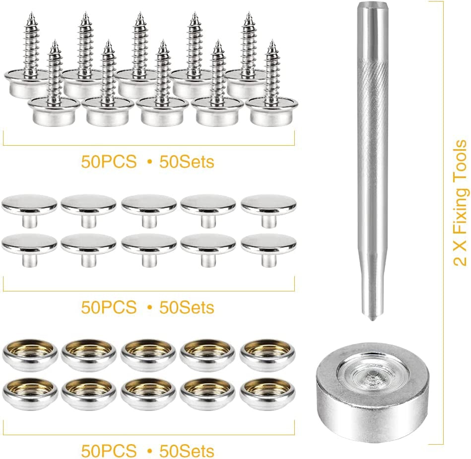 150 PCS Canvas Snap Kit Tool, Metal Screws Snaps Marine Grade 3/8" Socket Stainless Steel Boat Canvas Snaps with 2 PCS Setting Tool for Boat Cover Furniture (150 PCS)