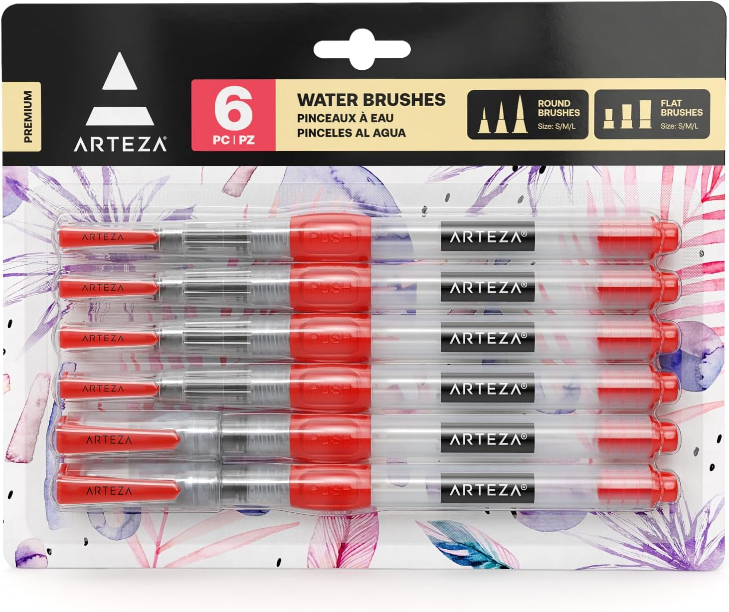 Water Brush Pen, Set of 6, Assorted Soft Nylon Bristle Tips, Self-Moistening Water Brush, Refillable Water Pen
