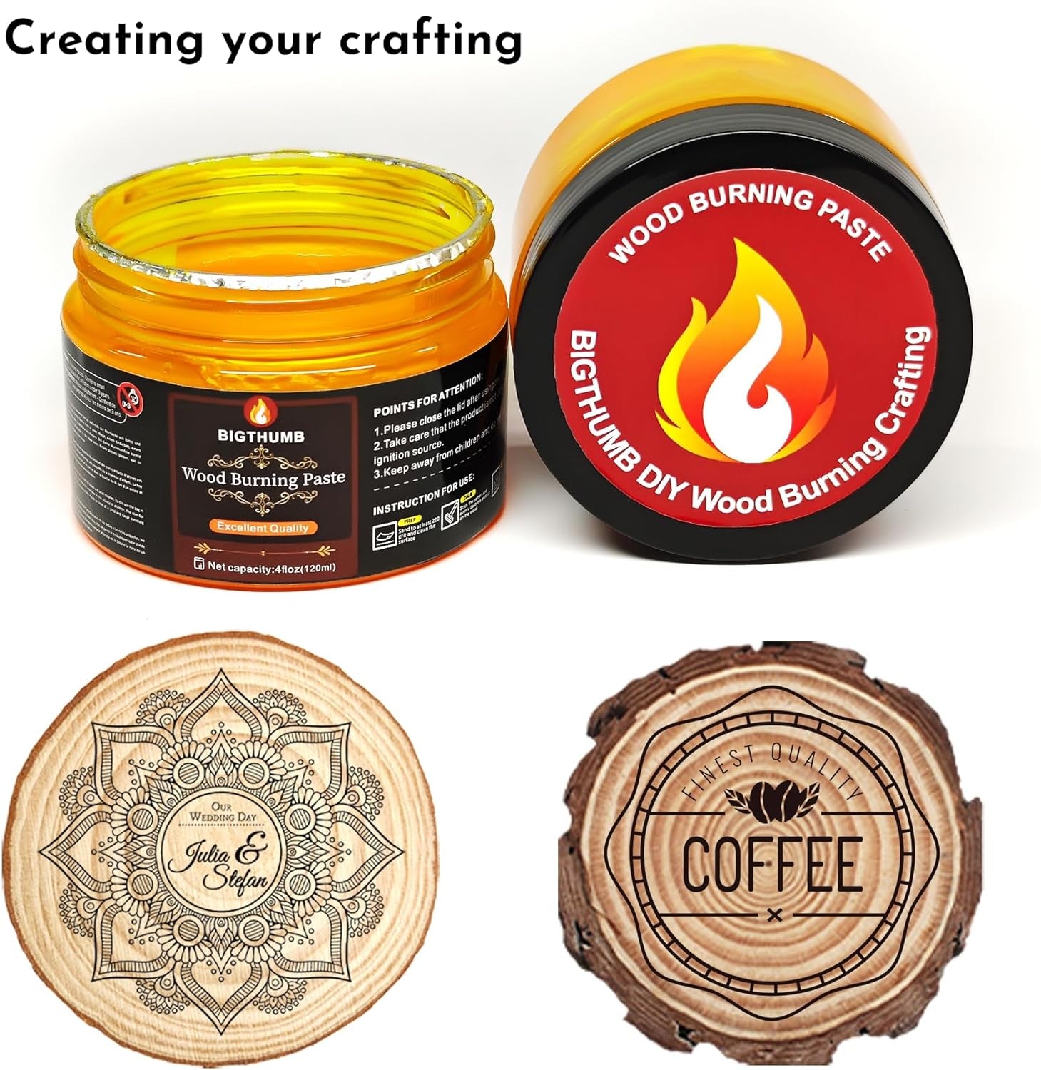 Wood Burning Gel Kit 4 OZ | Heat Activated Non-Toxic Paste for DIY Crafting, with Mini Scraper, Template Sticker, Paint Brush - Accurately & Easily Burn Designs on Wood, Canvas, Denim