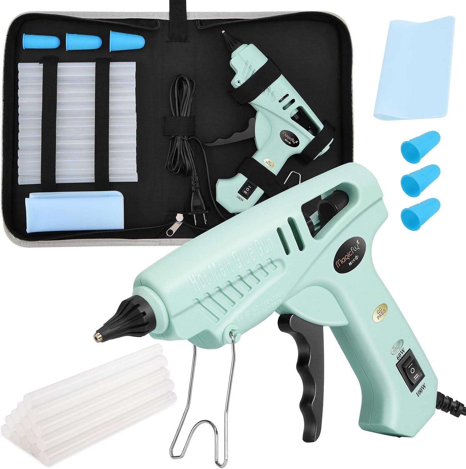 60/100W Hot Glue Gun Full Size with 15 Pcs Hot Glue Sticks (0.43 X 5.9 Inch) and Carry Case, Dual Power High Temp Melt Glue Gun Kit with Finger Caps, Mat for Arts Craft, Household, Green