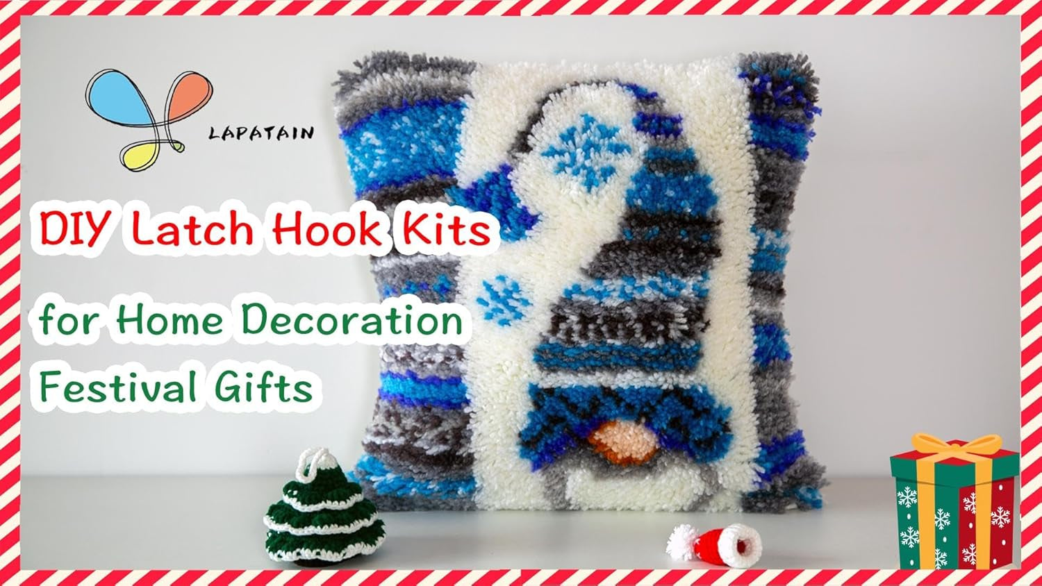 Latch Hook Kits for DIY Throw Pillow Cover,Needlework Cushion Cover Hand Craft Crochet for Great Family 17X17Inch Christmas Hat