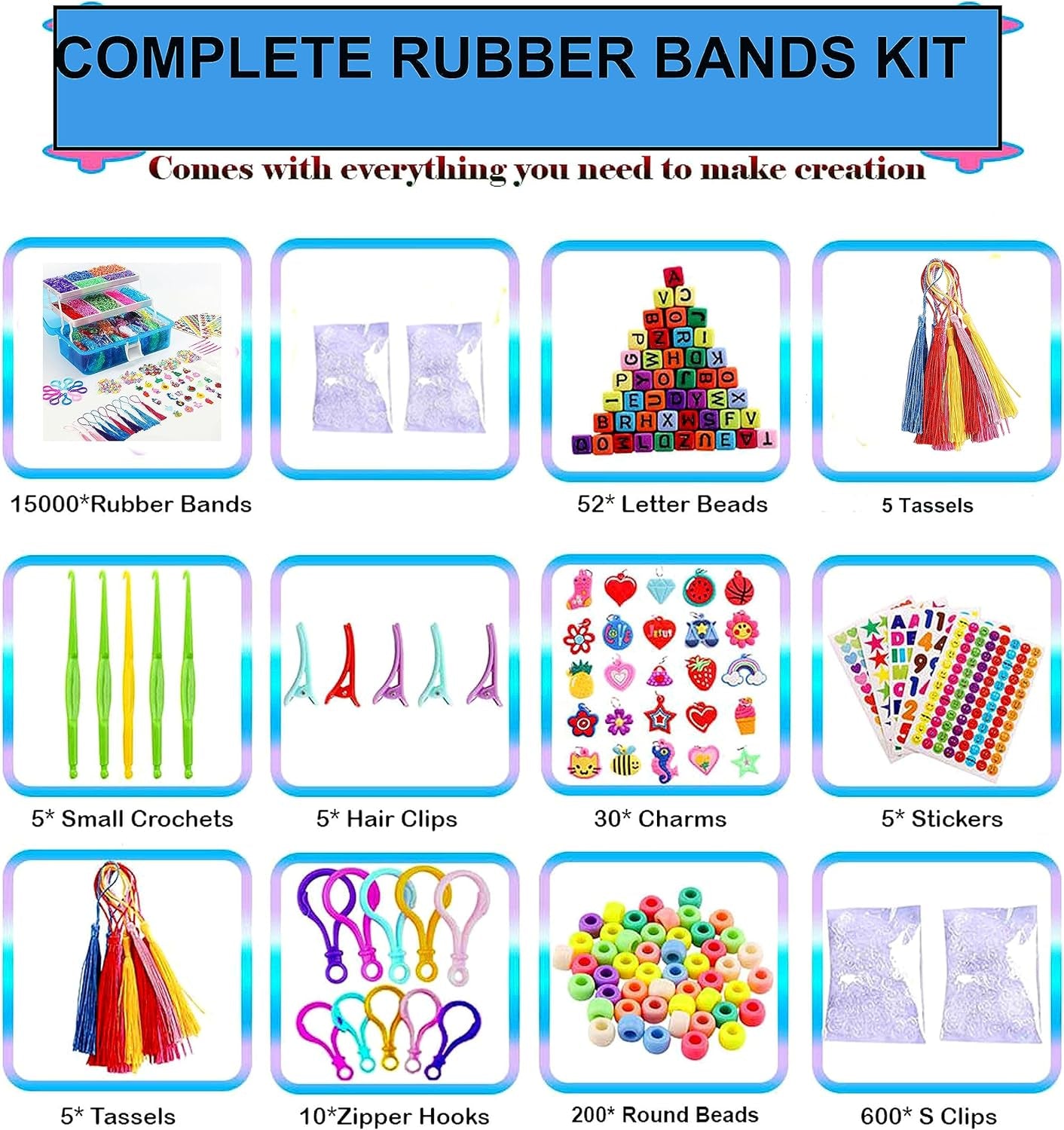 15000+ Rubber Loom Bands, Mega Rubber Bands Bracelet Kit,Loom Bracelet Making Kit with 3 Layer Container,30 Colors,380 Beads,30 Charms,Clips, Hooks Tools for DIY Art Craft