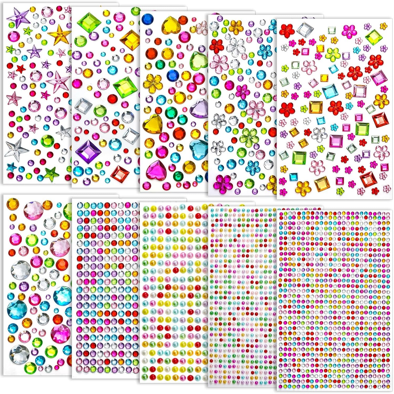 3500 Pcs Gems Stickers for Kids Crafts, 10 Sheets Self Adhesive Gems Jewels Stickers for Crafts, Bling Gemstone Stickers Decorative Diamond for Makeup & DIY, Multi Colors, Shapes, Sizes