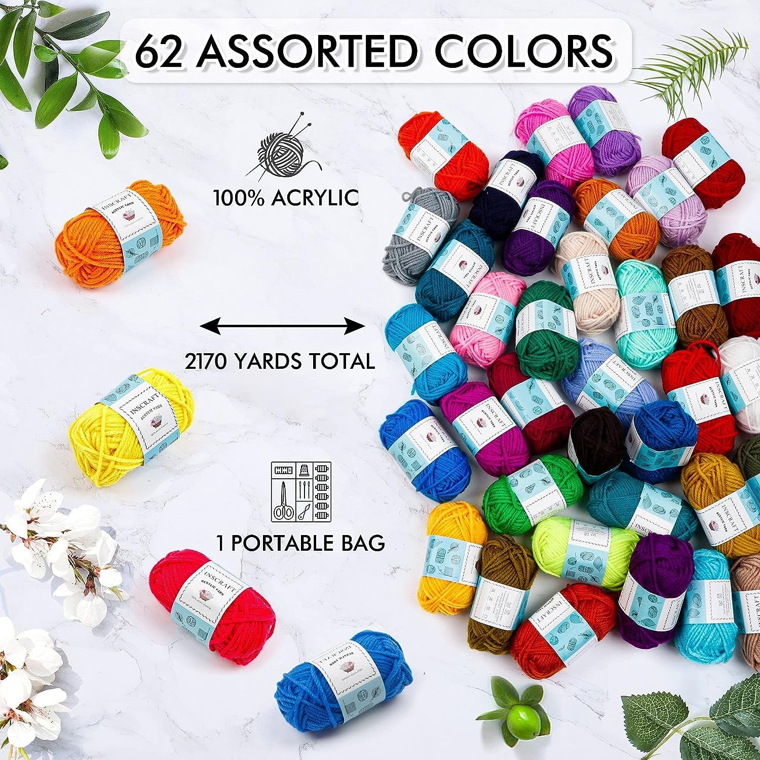 62 Acrylic Yarn Skeins, 2170 Yards Yarn for Knitting and Crochet, Includes 2 Crochet Hooks,2 Weaving Needles,10 Stitch Markers, Perfect Beginner Kit for for Adults Kids