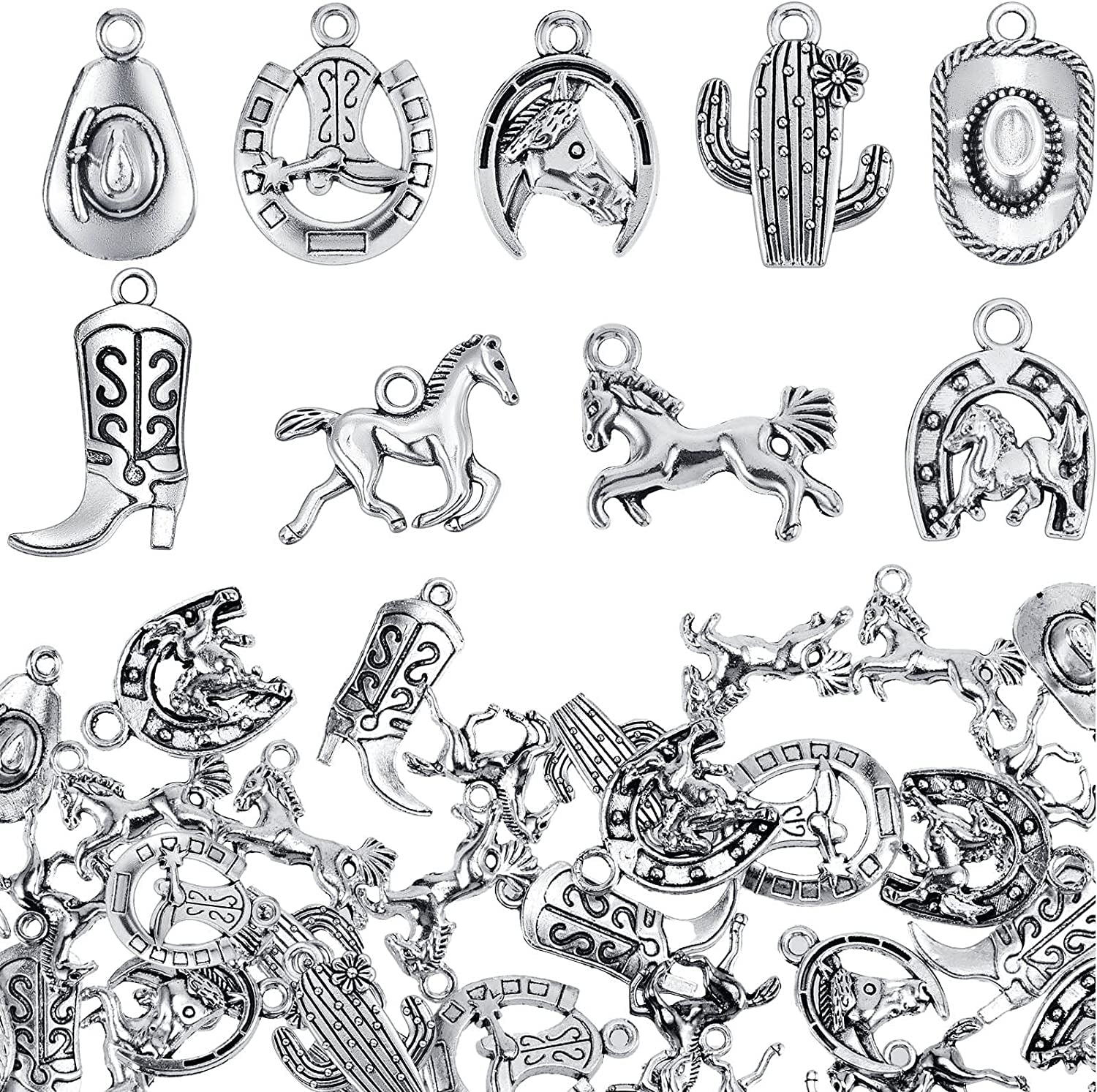 100 Pieces Western Cowboy Charms for Jewelry Making Alloy Antique Silver Cowboy Boot Hat Horse Cactus Charms Horse Western Pendant Cowboy Charms for Bracelet Necklace, 10 Styles
