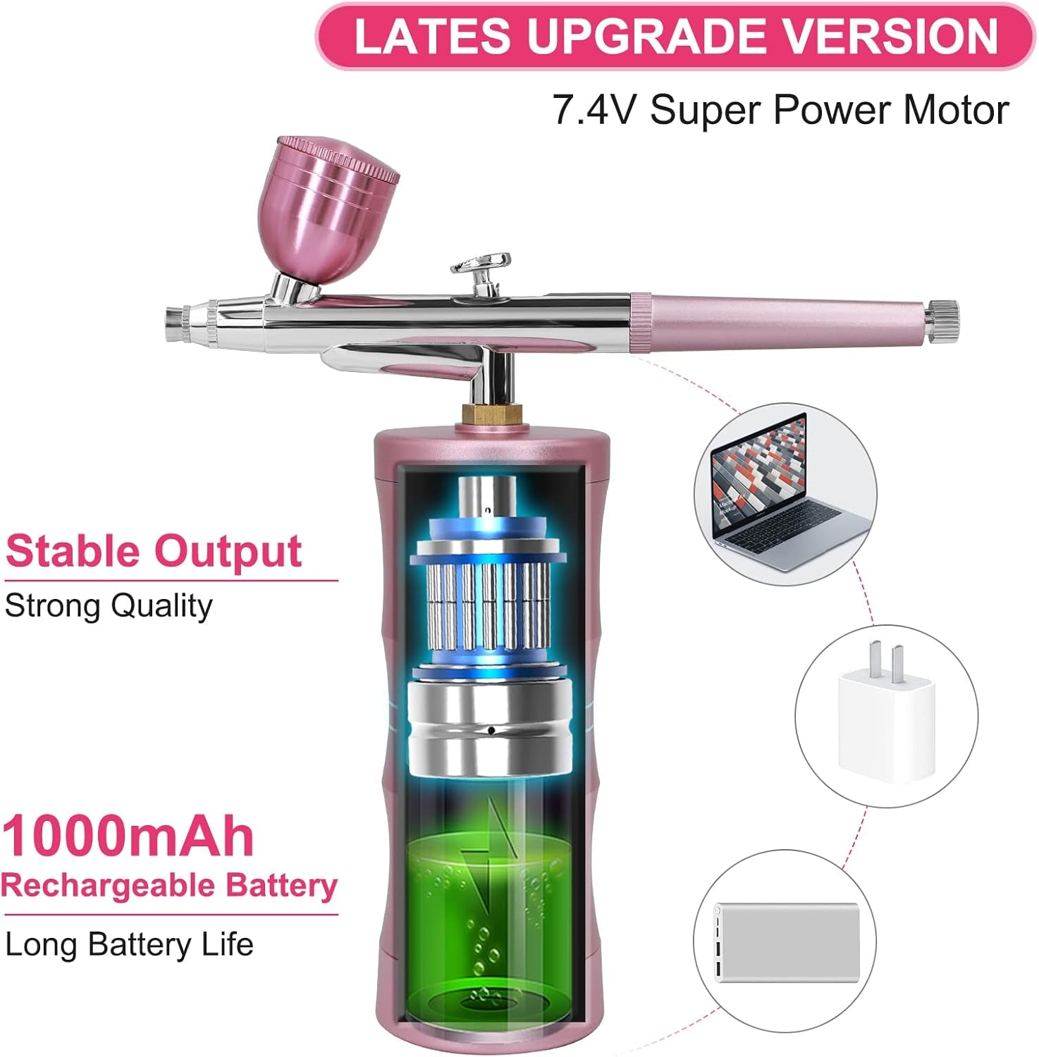 Airbrush Kit with Air Compressor, Upgraded 7.4V 34PSI Air Brush Gun Rechargeable Portable Cordless Air Brush Painting with 0.4Mm Nozzle for Painting, Nail Art, Tattoo (Pink)