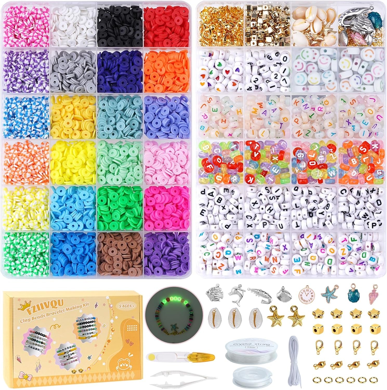 7200 Pcs Clay Beads 2 Boxes Friendship Bracelet Making Kit 24 Colors Letter Beads Flat Disc Heishi Clay Beads for Jewelry Making Preppy Set with Number Beads Glow
