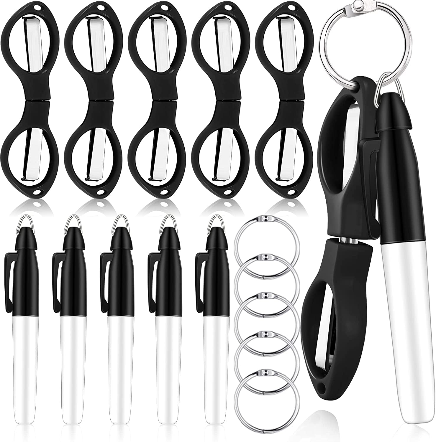 15 Pieces Folding Safety Scissors for Nurse Plastic Handle Mini Folding Scissors Nurse Pen Set Permanent Markers Fine Point Nurse Pen Pack Silver Ring Foldable Keychain Scissors (Assorted Color)