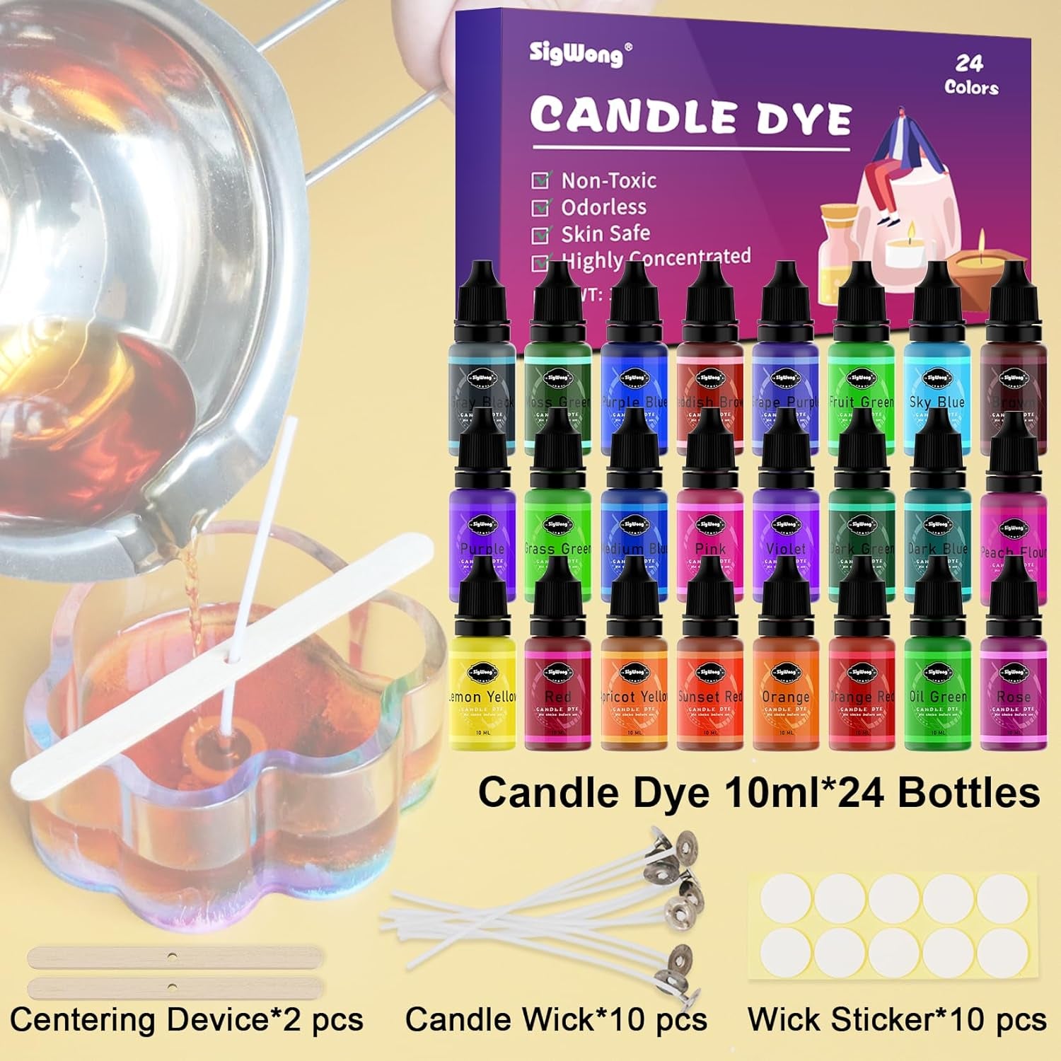Candle Dye - 24 Colors Liquid Candle Making Dye for DIY Candle Making Supplies Kit, Food Grade Ingredients Oil-Based Candle Coloring for Soy Wax Dyes, Beeswax, Gel Wax, Paraffin Wax - Each 0.35Oz/10Ml