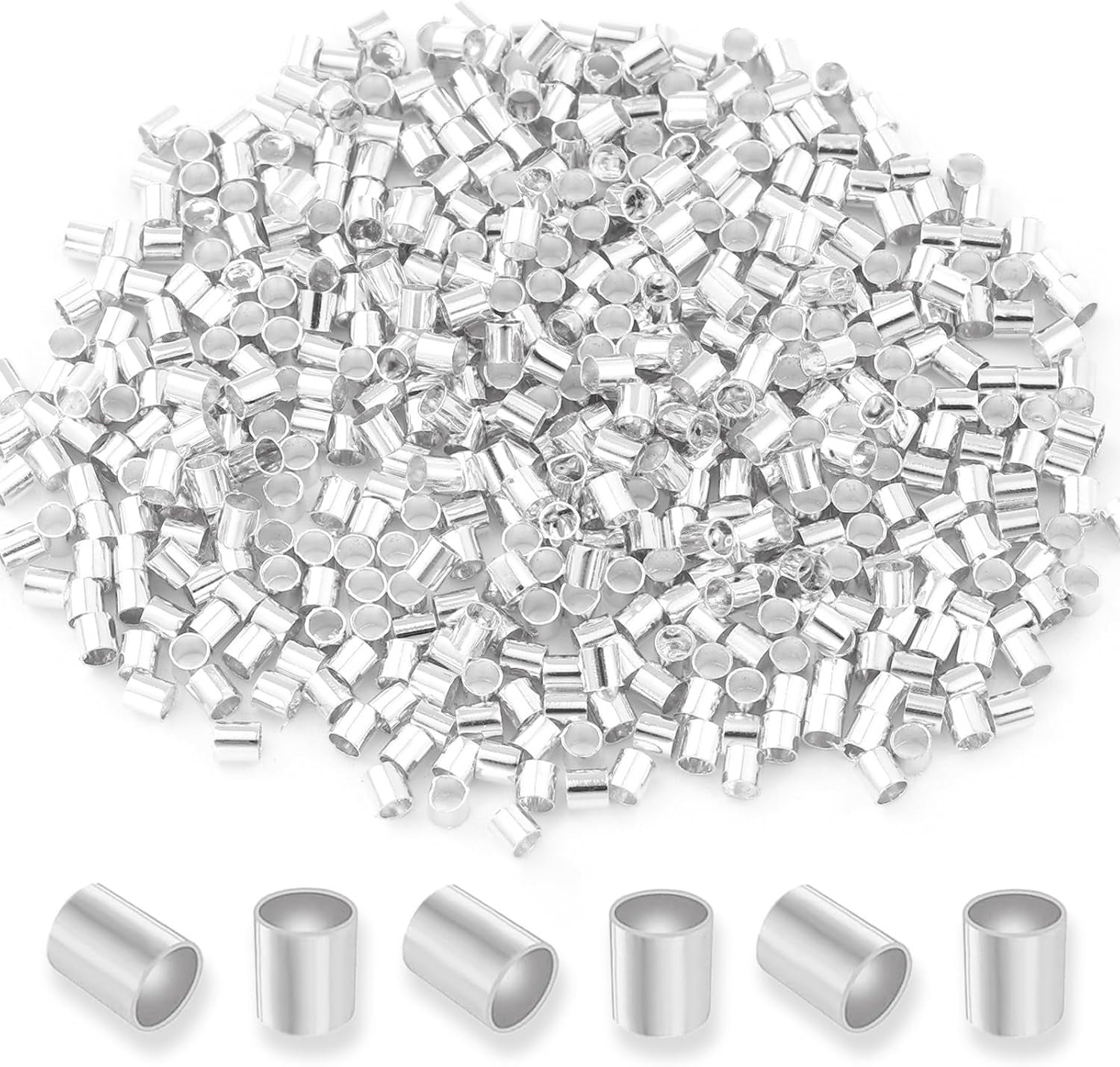 Crimp Beads for Jewelry Making - 500 Pcs Silver Plated Brass 2X2 Mm Crimping Beads, Cord End Caps Loose Stopper Beads, Tube Crimp End Beads for Earring Necklace Pendant DIY Jewelry Making