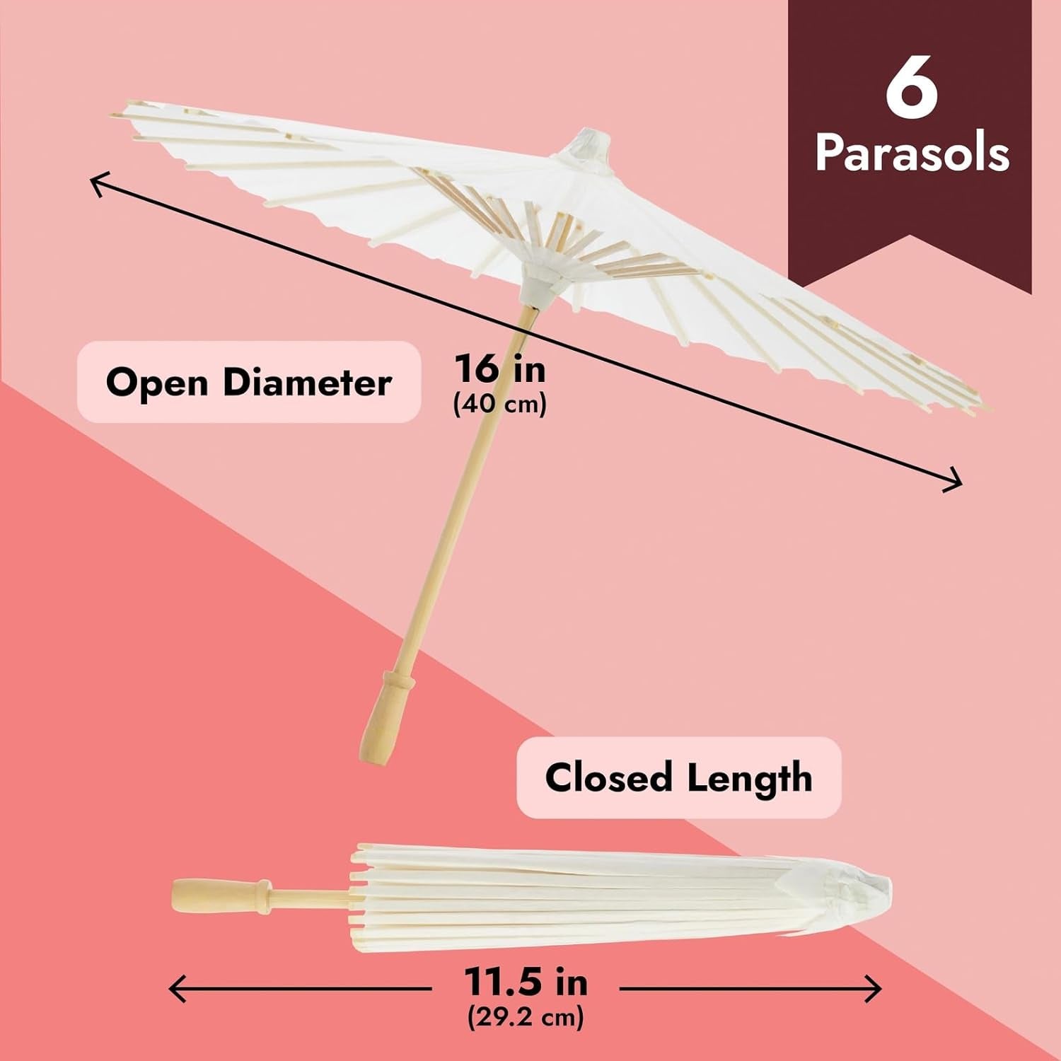 6-Pack Parasol Paper Umbrellas for Decorations for Kids, Cocktail Party Decor, DIY, Arts and Crafts Projects, Sun Parasols for Plants, Photo Props (Small, White, 16 In)