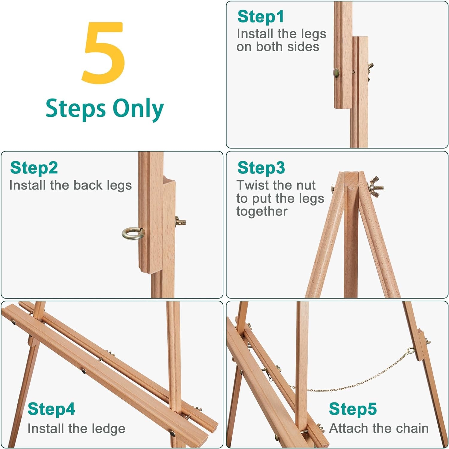 63'' Wooden Easel Stand for Wedding Sign, Picture, Painting Canvas Beech Wood Poster Stand for Display Adjustable Art Easel for Floor