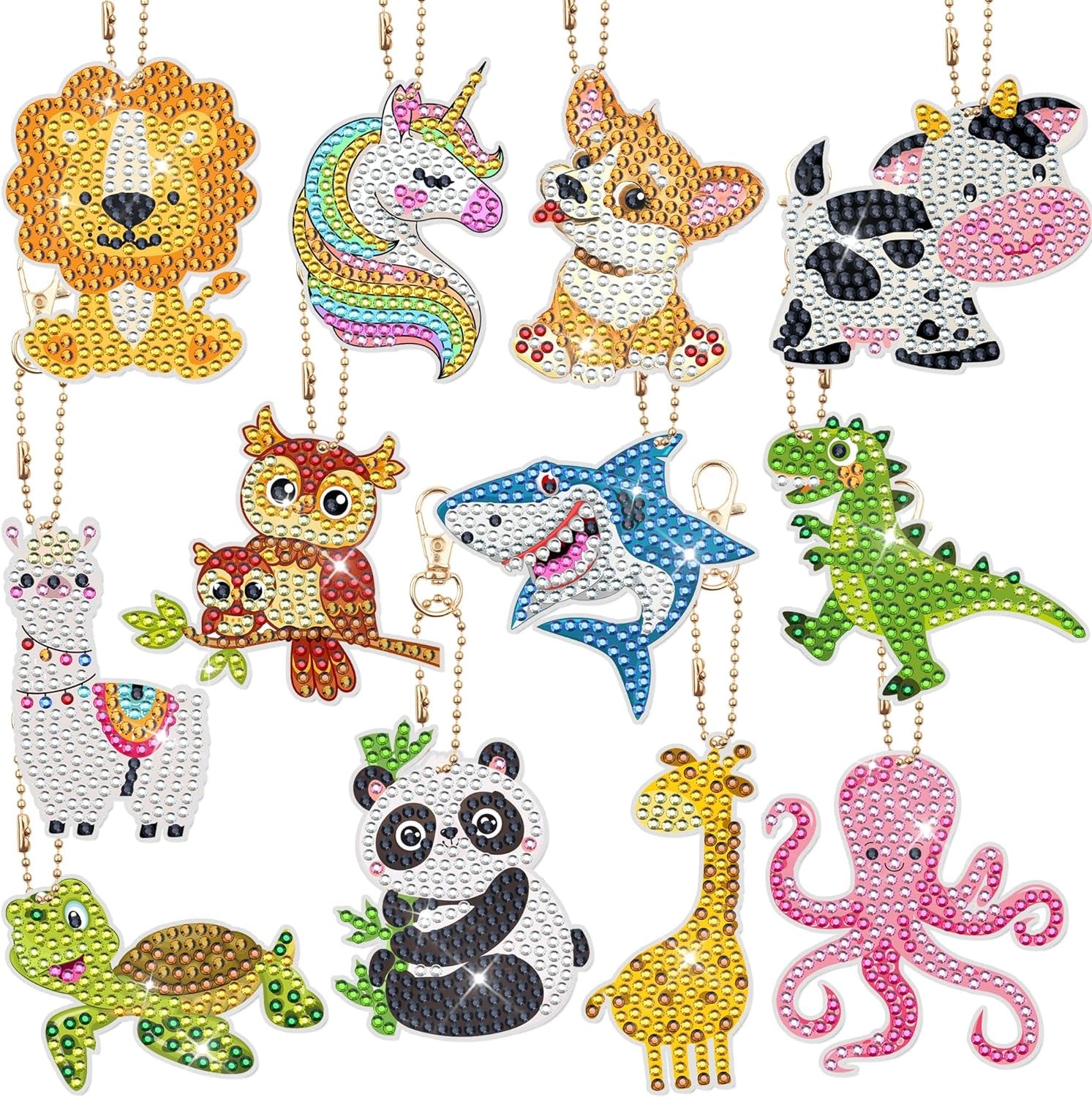 12 PCS Diamond Painting Keychains Kit Animals Diamond Art Ornaments Double Sided 5D Diamond Key Rings DIY Diamonds Pendants for Beginners Birthday Crafting Home Party Decor