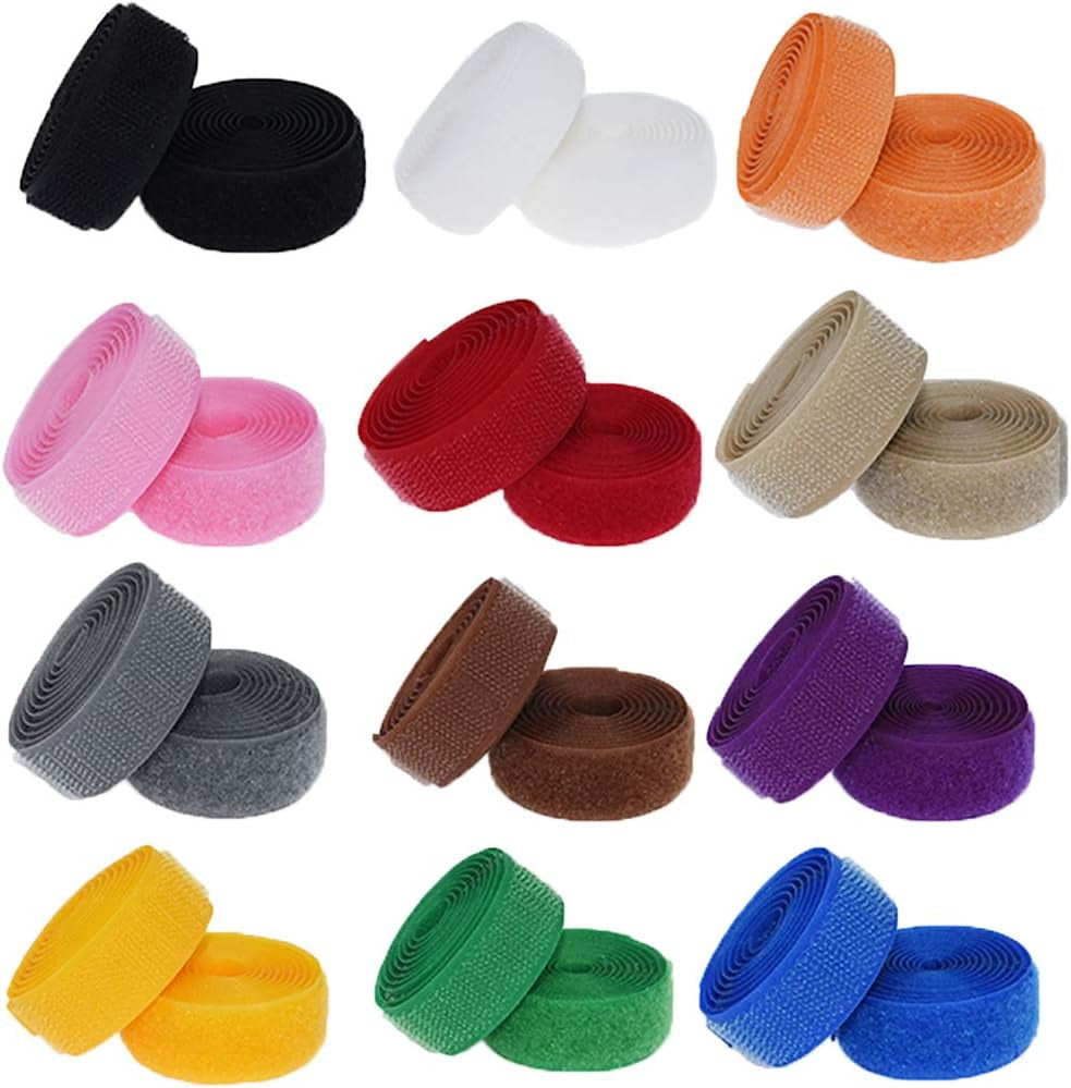 12 Colors 24 Yards Sew on Hook and Loop Tape Fastening Nylon Fabric Tape with Non-Adhesive for DIY Craft Interlocking Tape Sewing Fasteners (3/4'' Wide, 1 Yard Hook + 1 Yard Loop) for Each Color