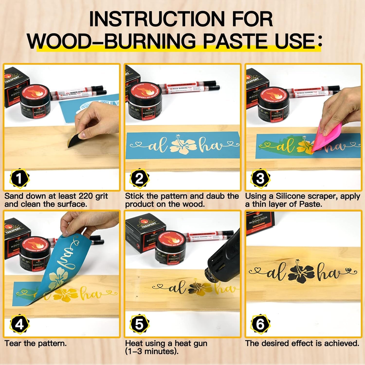 Wood Burning Gel Pen Kit,4 OZ Wood Burning Paste,2 Scorch Pens Double-Sided, 4 Tips, Squeegee, Sandpaper for DIY Heat Sensitive Wood Burning Marker for Wood Crafts Suitable Artists Beginners