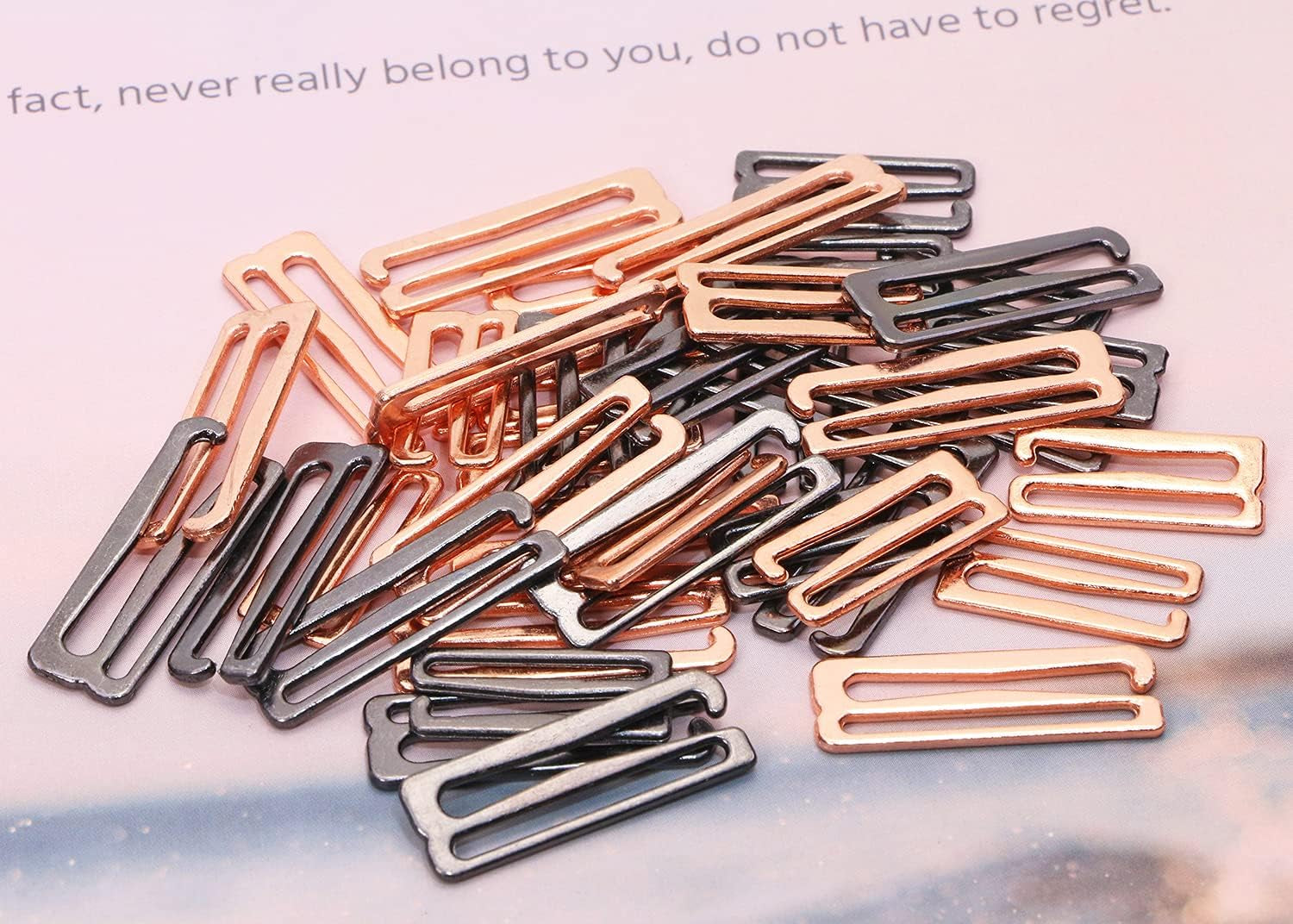 40PCS Metal Bra Strap Hooks for Sewing Bikini Halter Tops Bathing Suit Clips Clasp Swimsuit Adjustment Slides for Lingerie Slip Dress Camisole, 18Mm and 25Mm, Rose Gold and Metallic Black