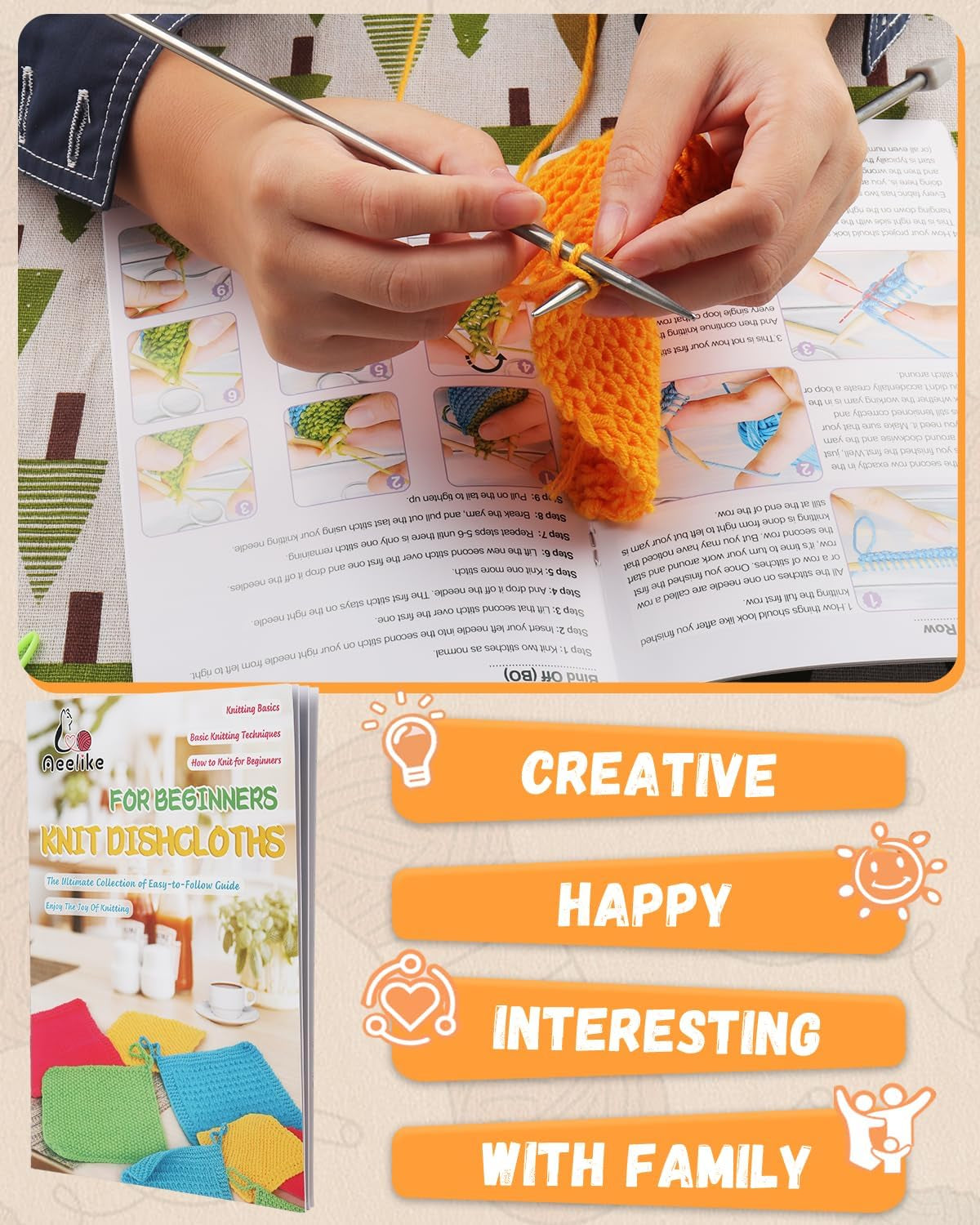 Knitting Kits for Beginners, 4 Pcs Bamboo and Metal Knitting Needle Set with Cotton Yarn, Knitting Set for Making Dishcloth with Step-By-Step Instructions,Colorful