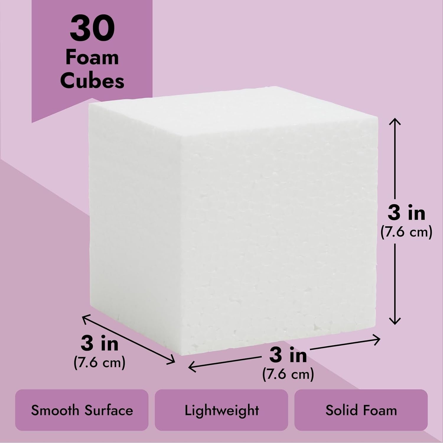 30 Pack Foam Craft Blocks for Modeling, 3 Inch Mini Square Cubes for Sculpting, School Projects (White Polystrene)