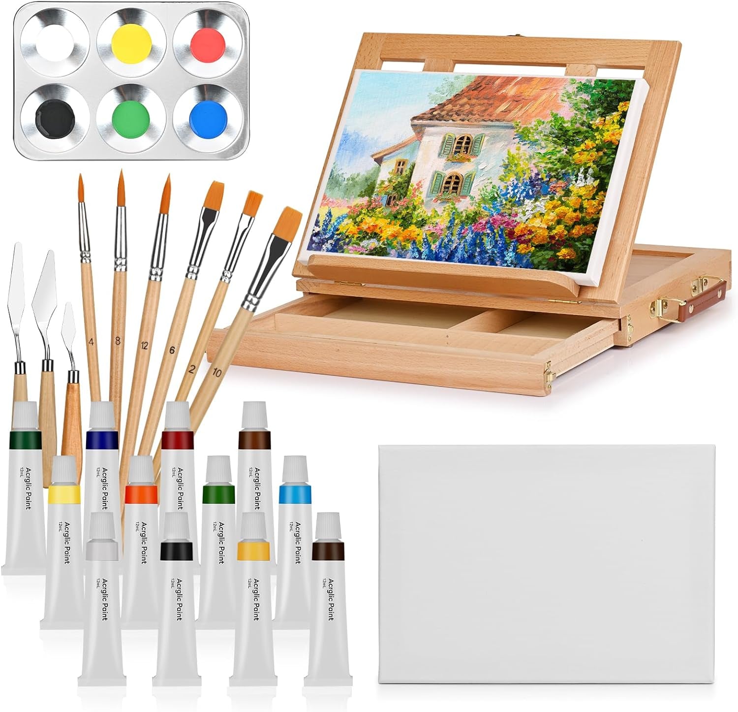 Tabletop Art Easel Acrylic Paint Set for Adults & Kids, Art Easel for Painting Portable Wooden Art Easel Stand,Painting Kits with Tabletop Easel,12 Paints,6 Brushes,3 Paint Knives,Palette,Canvas Board