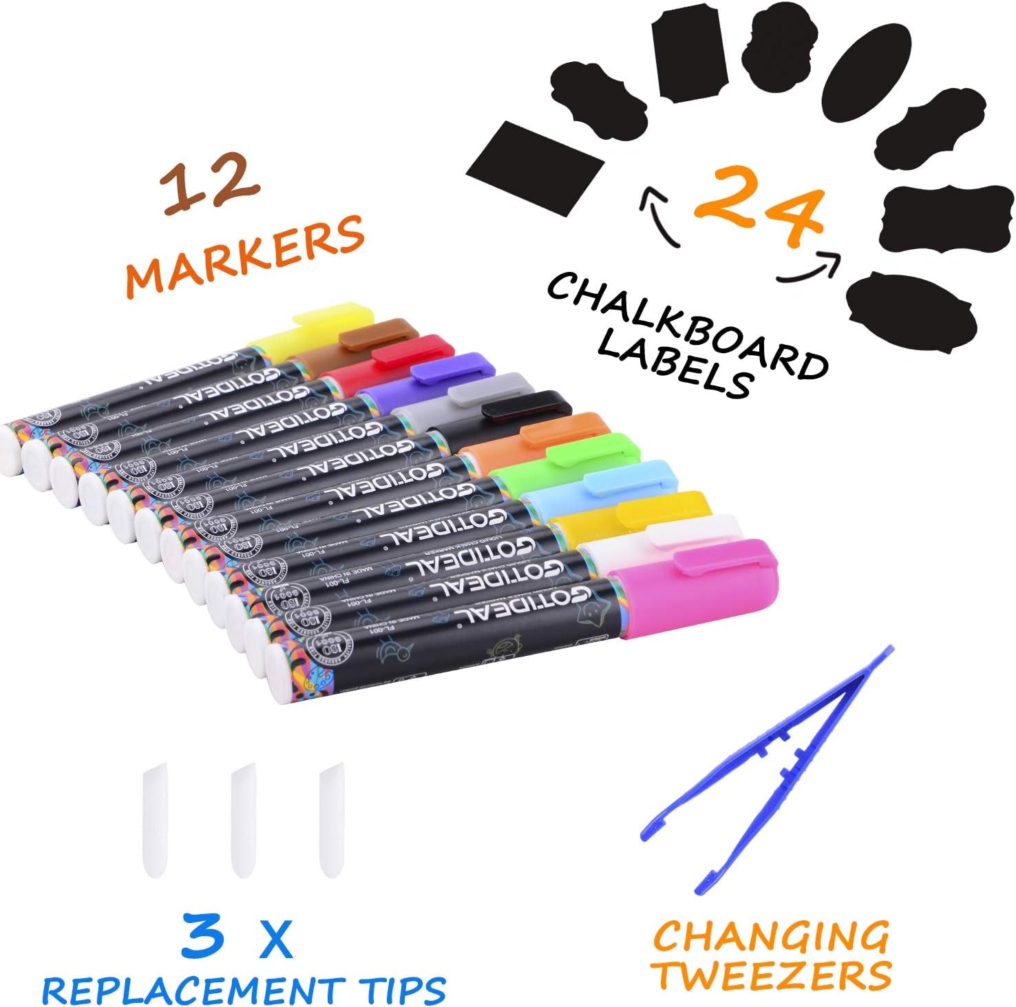 Liquid Chalk Markers, 12 Colors Premium Window Chalkboard Neon Pens, Including 2 Metallic Colors, Painting and Drawing for Kids and Adults, Bistro & Restaurant, Wet Erase - Reversible Tip
