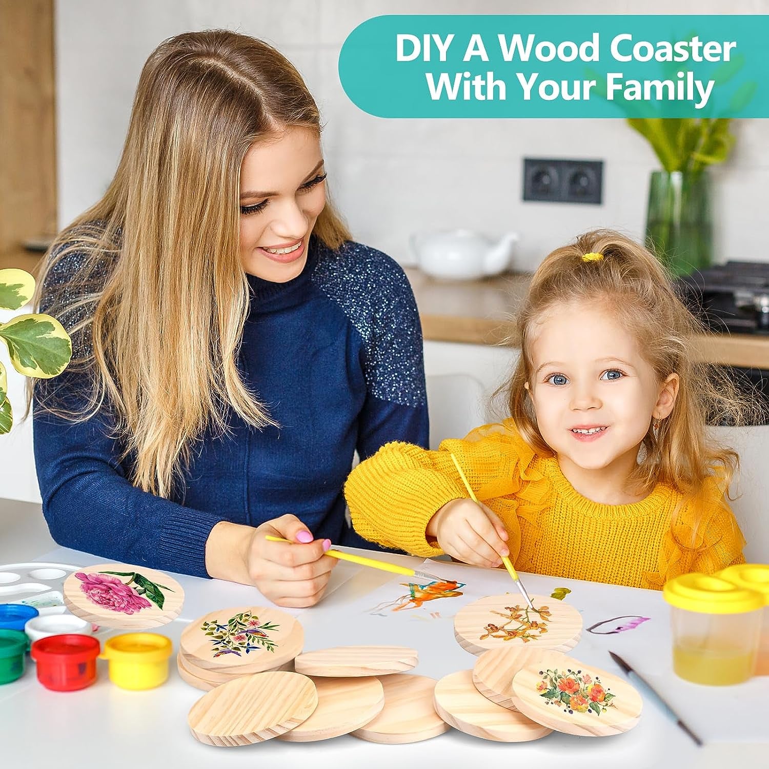 32Pcs Unfinished Wood Coasters, 4" round Wooden Coasters with Non-Slip Dot Sticker for Drinks, 9Mm Thick Blank Wood Coasters Bulk for DIY Crafts Supplies Adults Beginners