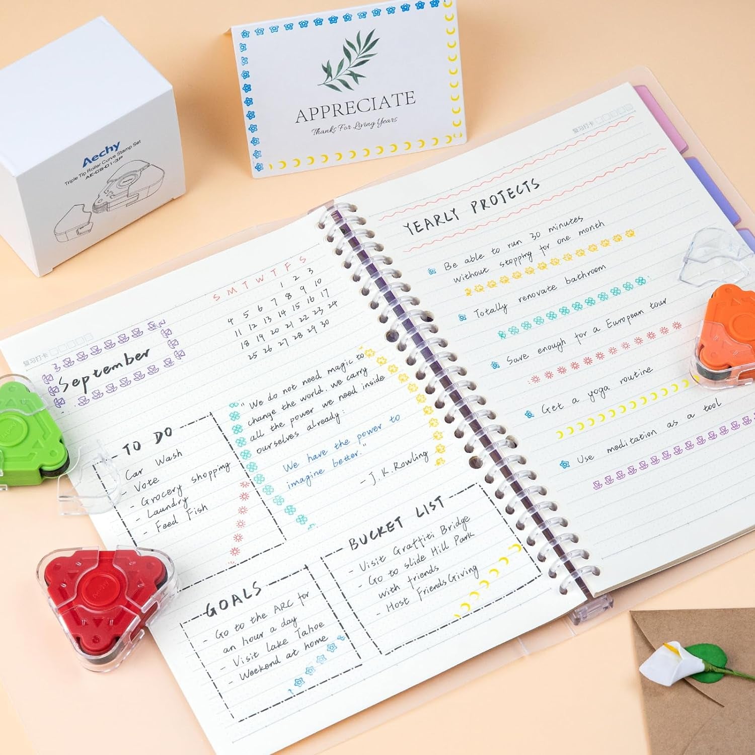 Curve Roller Stamp for Crafts, Triple Tip Stamp with 9 Colors & 9 Patterns, Stamp Set for Kids Teachers Journaling Scrapbook Note Taking Supplies