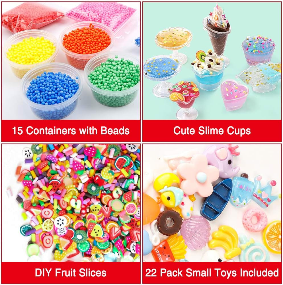 Slime Supplies Kit, 205 Pack Add Ins Slime Kit for Kids Girls Slime Making, Including Foam Balls, Glitter, Fishbowl Beads, Charms, Clear Containers by