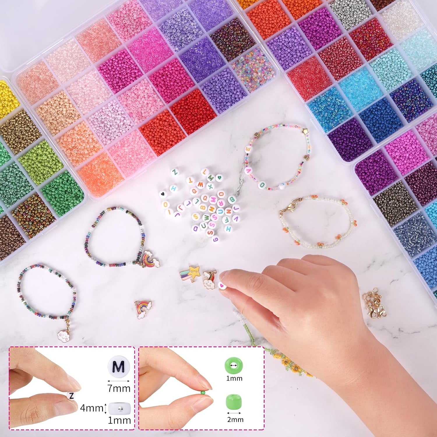 48000Pcs Glass Seed Beads Kit for Jewelry Making, 96 Colors 2Mm Small Beads with Pendant Charms and Letter Beads for Friendship Bracelet, Necklace Ring Making