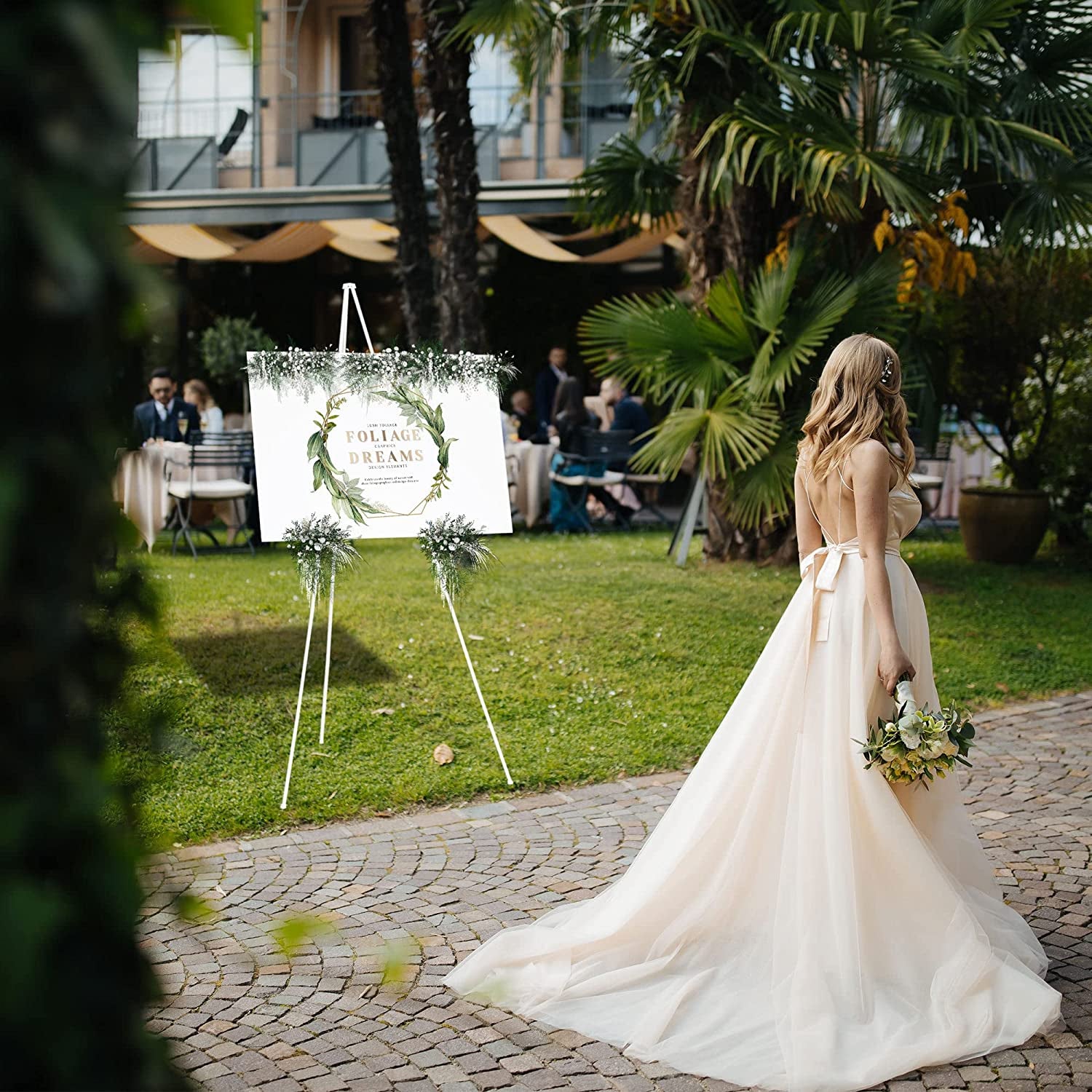 White Easel Stand for Display Wedding Sign & Poster - 63 Inches Tall Easels for Display Holder - Collapsable Portable Poster Easel - Floor Adjustable Metal Painting Easel Tripod