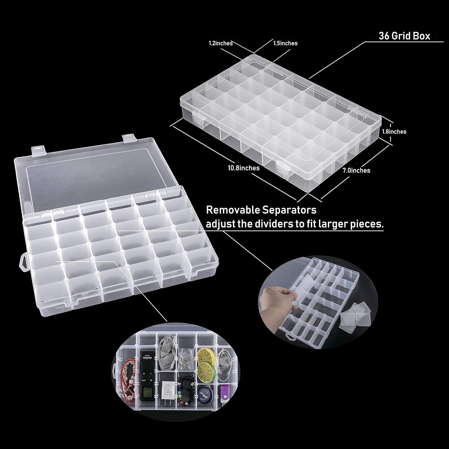 Pack of 2 Transparent Plastic Grid Box Storage Organizer for Display Collection with Adjustable Dividers - 36 Clear Grids - 10.8"X7.0"X1.8" Come with Letter Stickers
