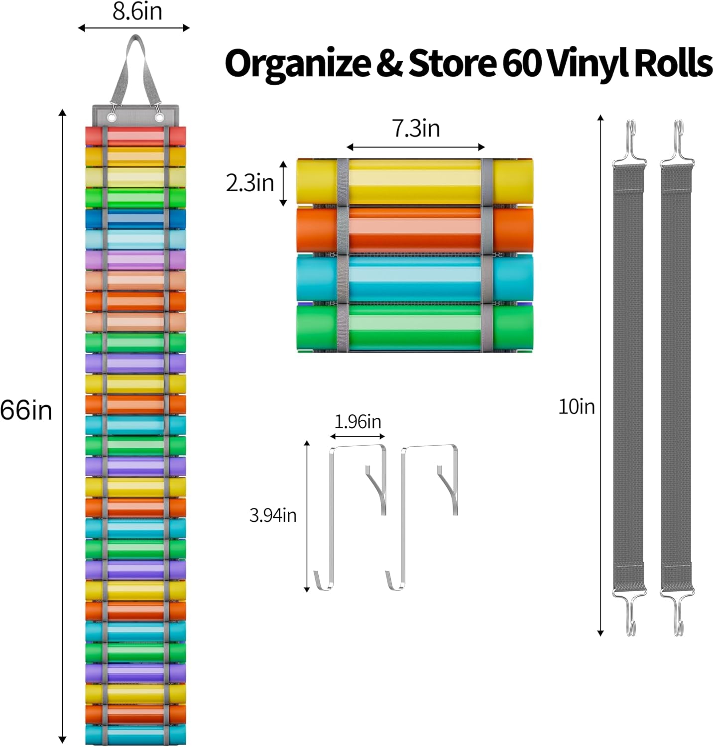 60 Compartments Vinyl Roll Holder with 14 Internal Mesh Pockets, 2 Hooks &amp; 2 Straps - 66"X8.6" Vinyl Roll Storage - Vinyl Storage Organizer - Vinyl Organizer Storage Craft Rack