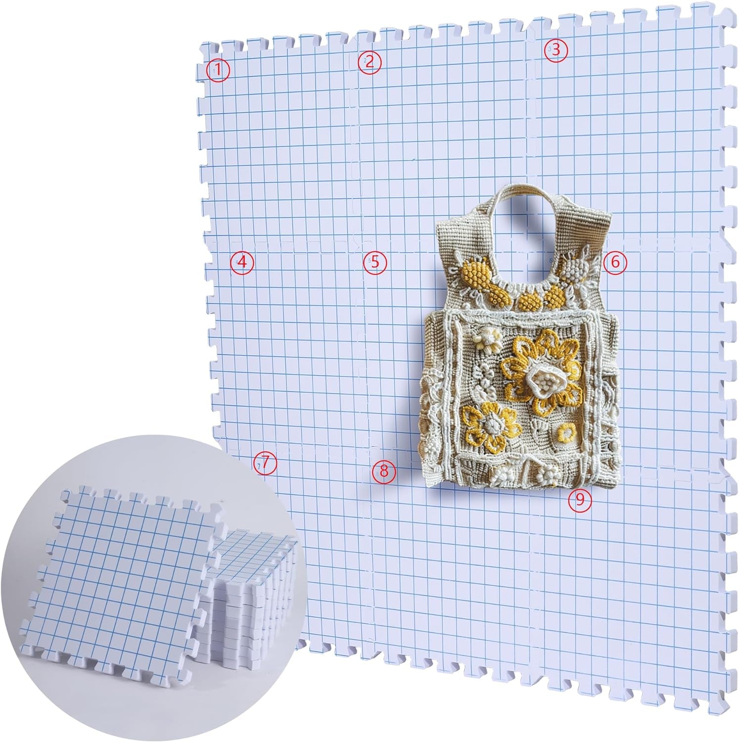 9 Pack  &amp; Crochet Project, Extra Thick Knitting Blocking Mat with Grid Lines，Knitting Mats with 100 T-Pins and Storage Bag