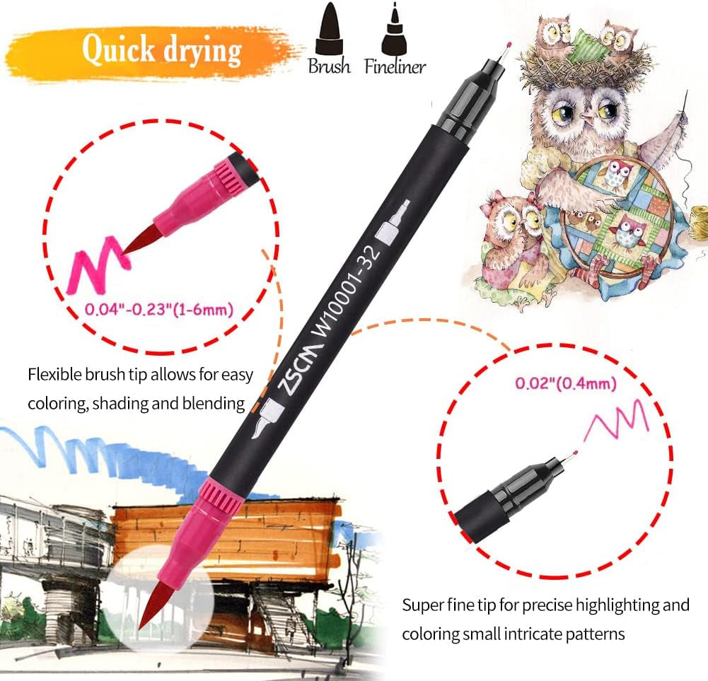 ZSCM 32 Colors Duo Tip Brush Markers Art Pen Set, Artist Fine and Brush Tip Colored Pens, for Adult Coloring Books Christmas Cards Drawing, Note Taking Lettering Calligraphy Journaling