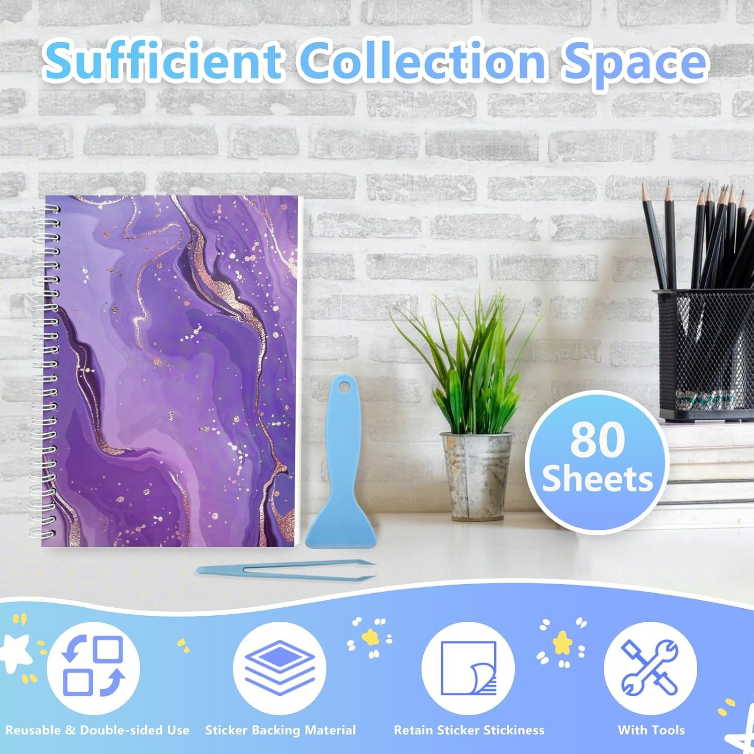 Reusable Sticker Book Collecting Album A5 Size 80 Sheets Sticker Collection Storage Book for Adults Release Paper Sticker Saver Holder Book with Tools (Purple)