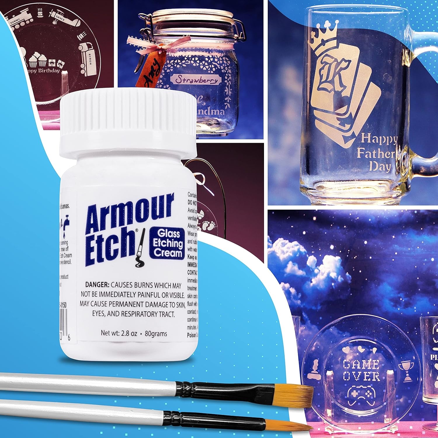 Armour Etch Glass Etching Cream - Starter 2.8Oz Size - Bundled with  Application Brushes